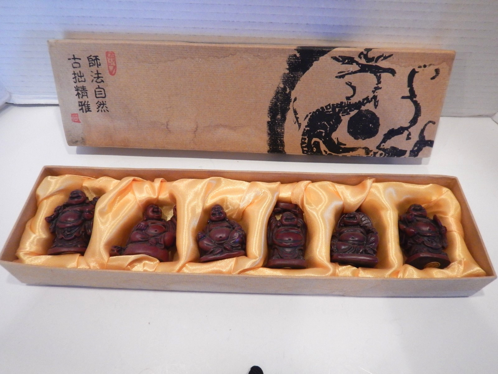 Vintage Chinese Buddhas Set of 6 In Box Resin ? Wood? 2″