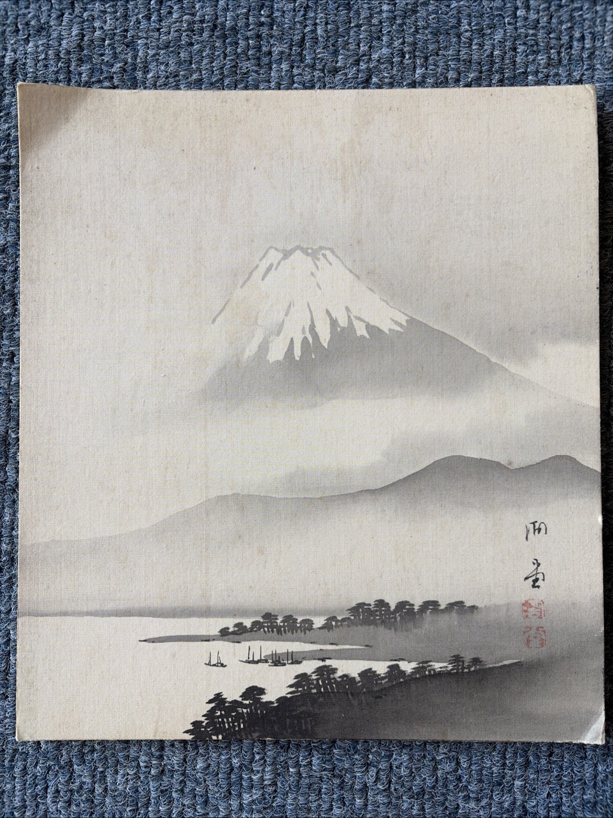 Original Kōno Bairei Woodblock Print View of Mount Fuji Shikishi Meiji Art