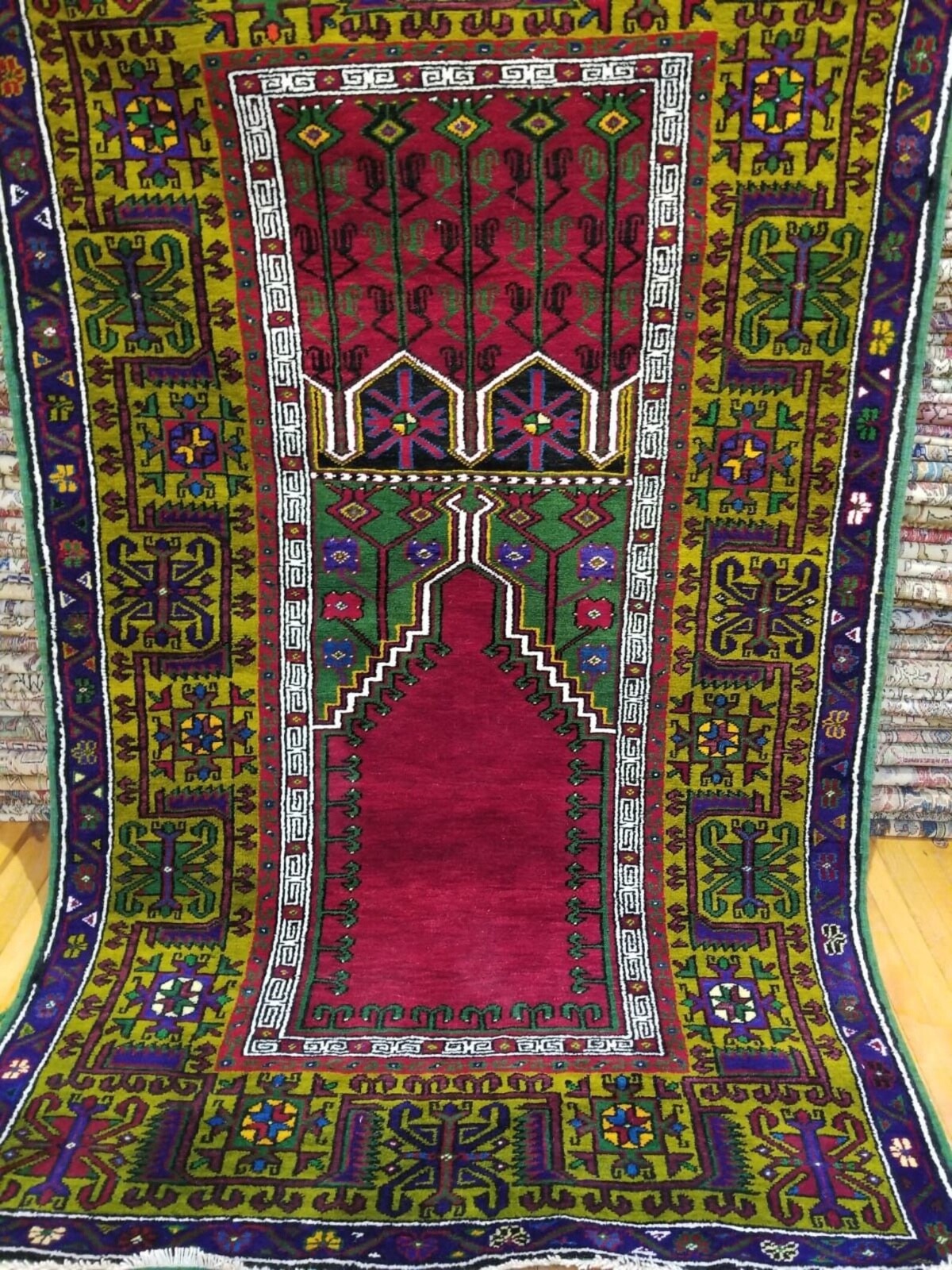 Exquisite Antique 1930-1940s Wool Pile Natural Dye Prayer Rug 4’5”x 7’1”