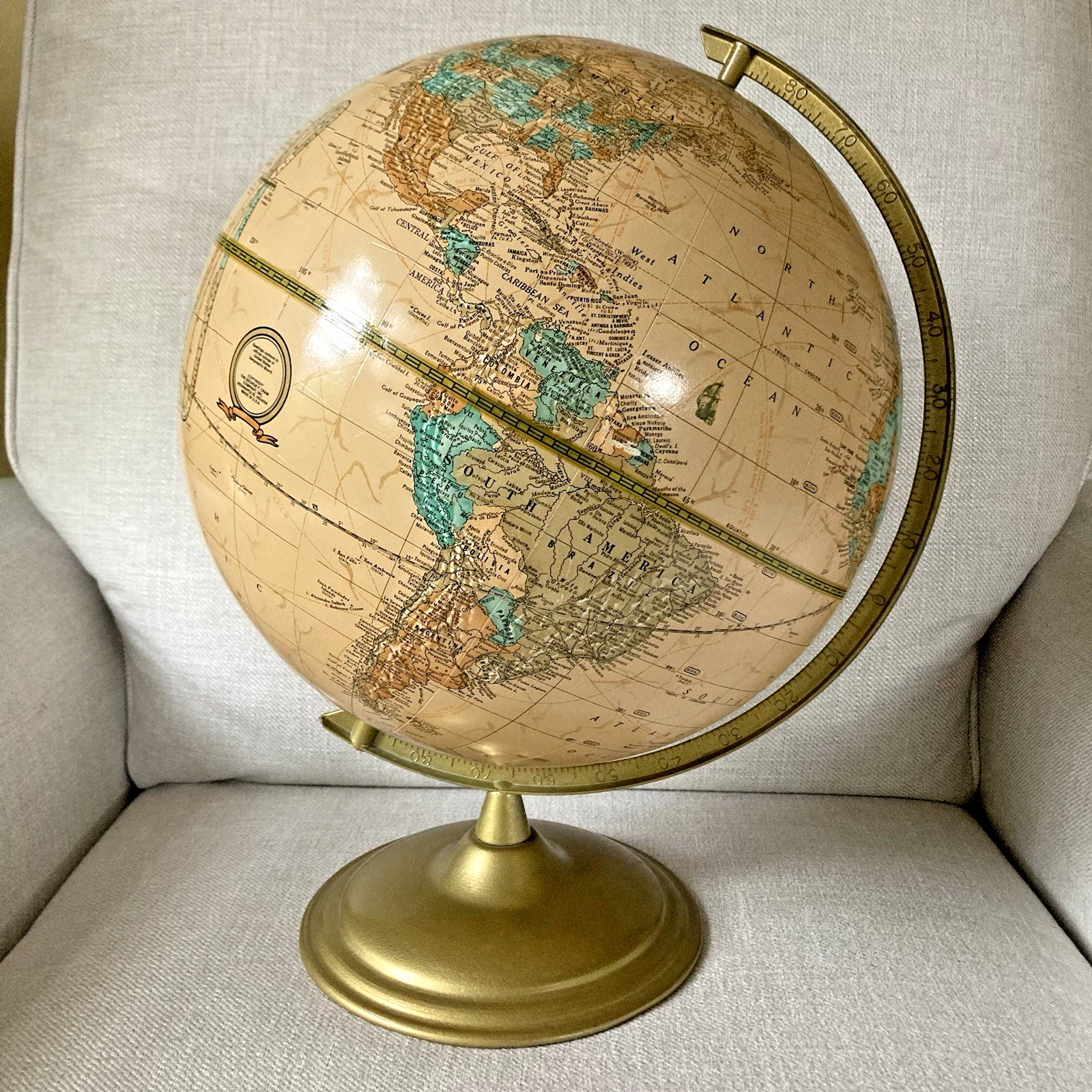 Cram’s Imperial World Globe George F Cram 10″ Raised Relief Gold Metal Stand 80s