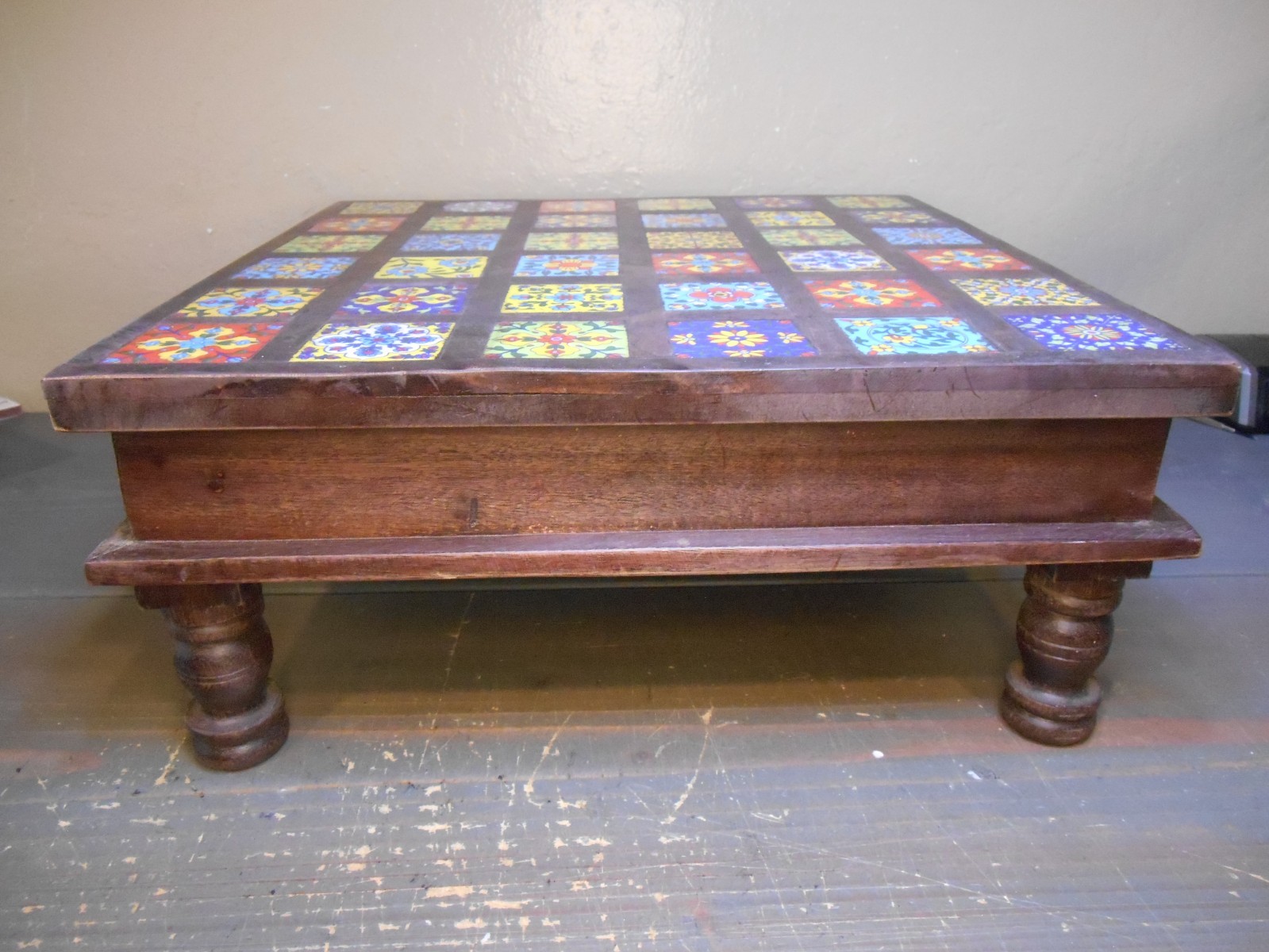 Wooden Chowki Handmade Table Top Riser Monterrey Style Colored Tiles. 15″x15″