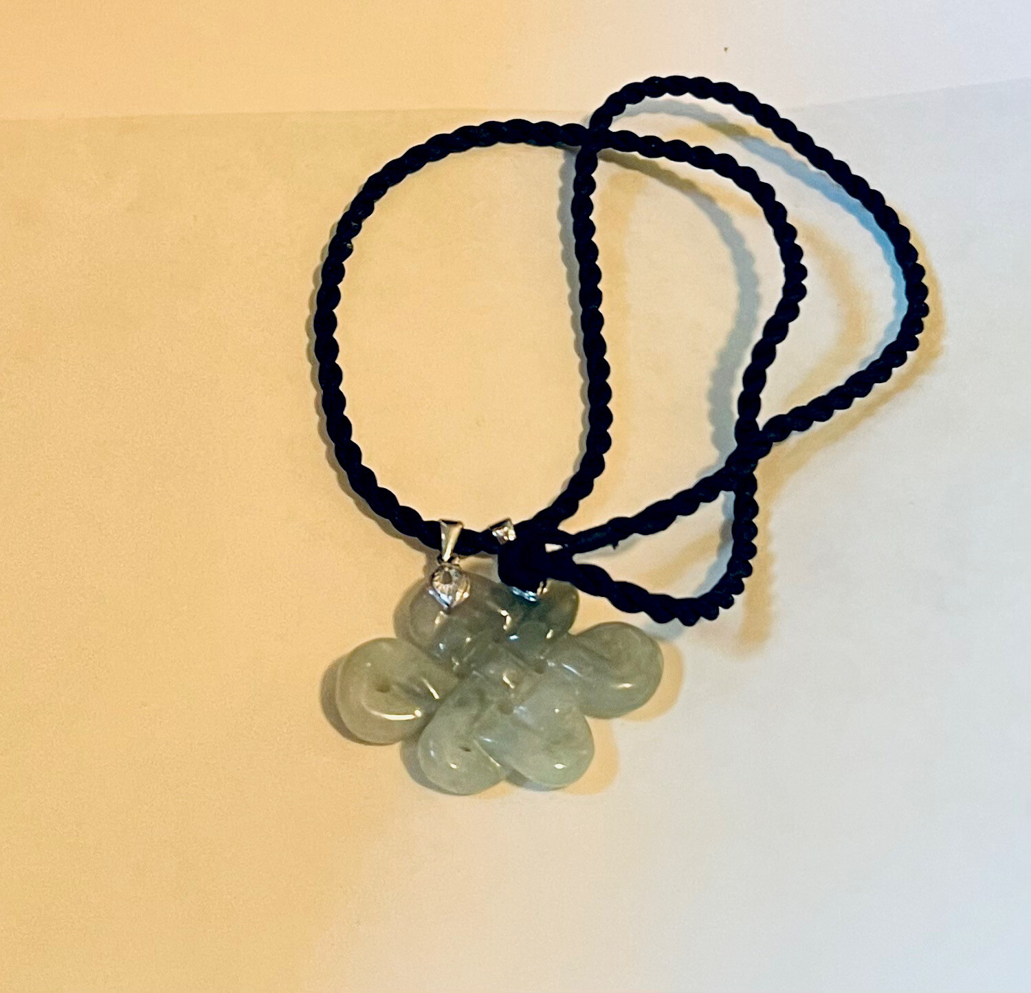 Vintage Chinese Cord Necklace w. Carved Pierced Jadeite Jade -Endless Knot