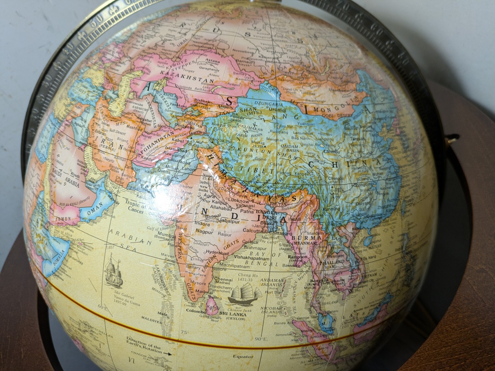 Replogle 16″ World Globe Floor Stand Cherry Wood Mission Base USA Brass 2000s