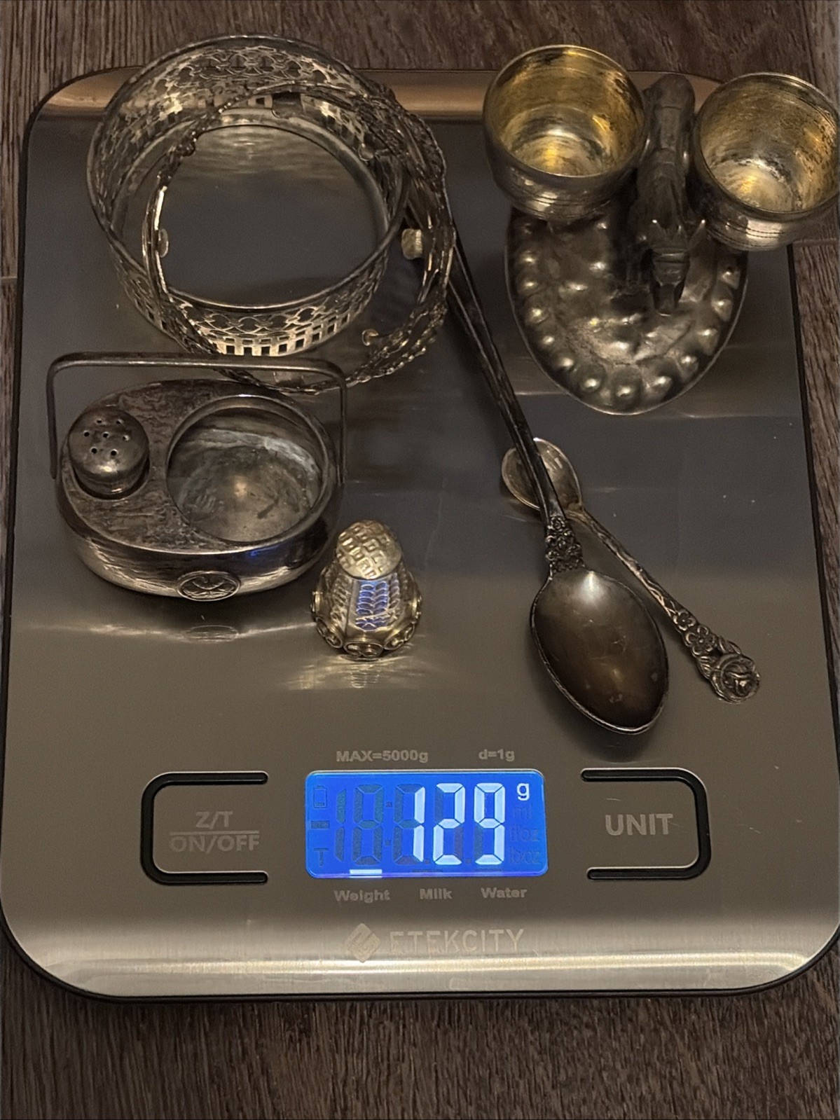 Sterling 925 Lot Antique Salt Cellar Dip Cobalt Glass Thimble Spoon Donkey 129 G