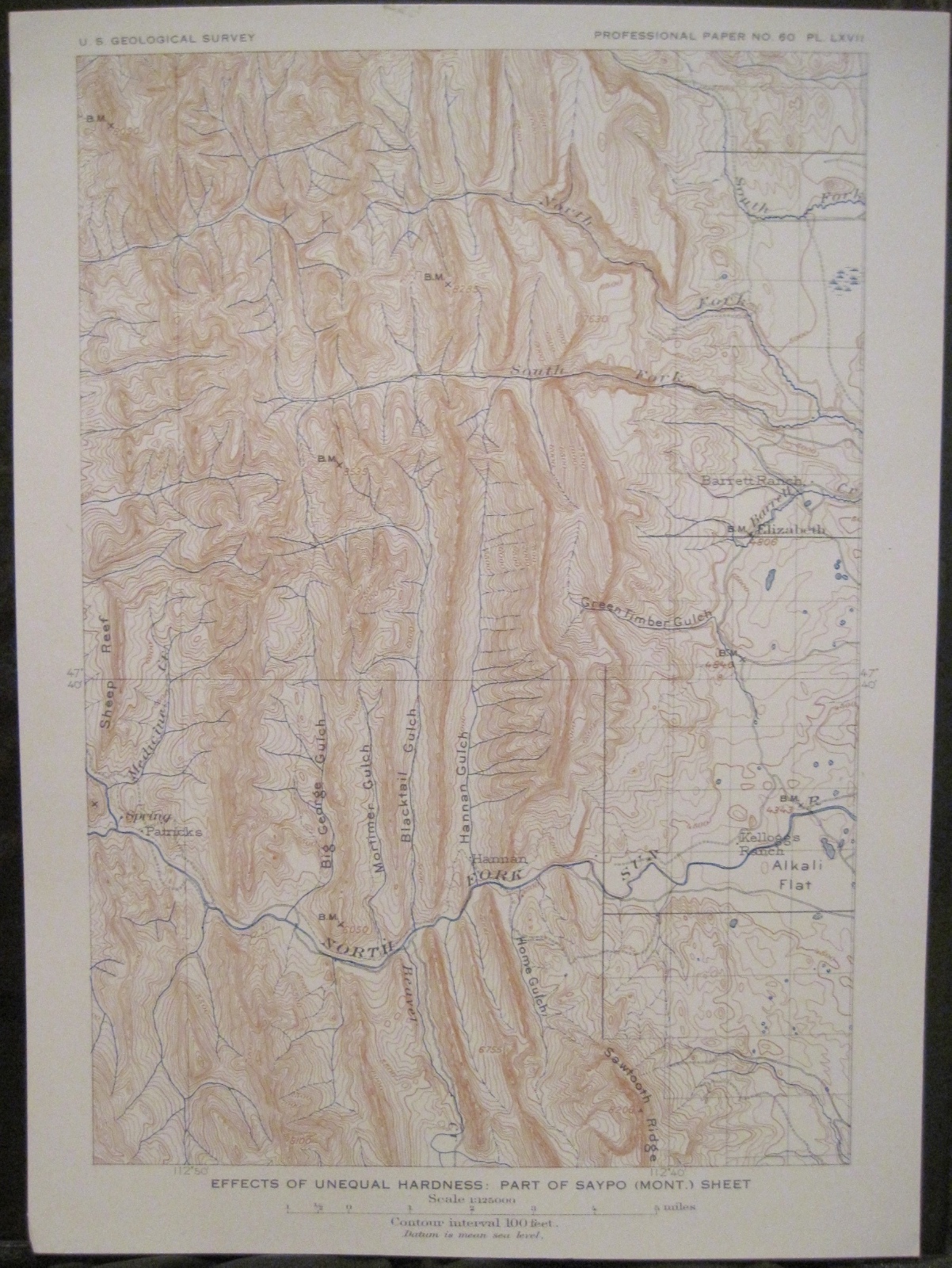 Map SAYPO Choteau Montana Unequal Hardness Topo USGS PP No 60 ca 1913 7.5″x10″