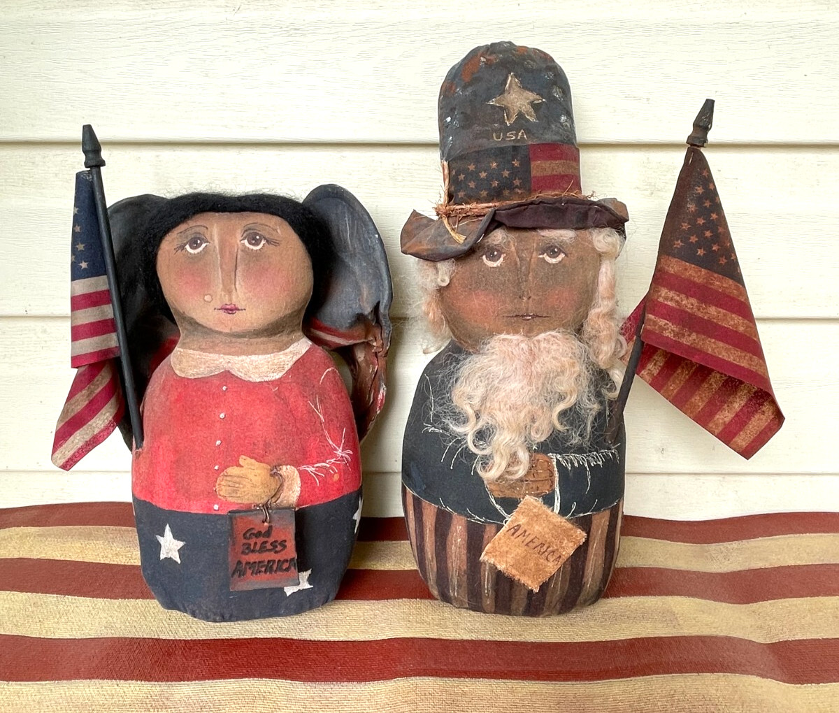 Primitive Americana Lincoln & Angel July 4th dolls decor by artist JoAnn Palmer