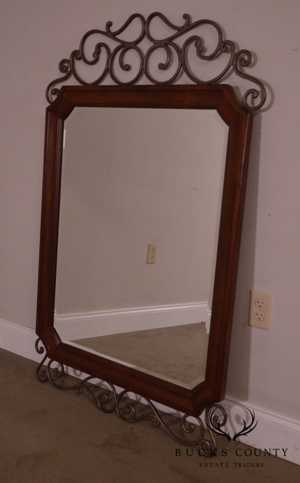 Drexel Heritage Cambridge Cherry & Scrolled Iron Beveled Wall Mirror