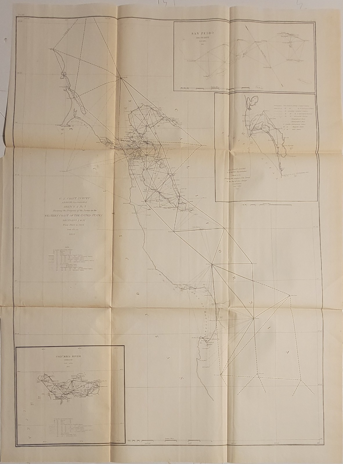 1855 Sketch J No. 2 Coast Survey triangulation chart Pacific West CA Coast Bache
