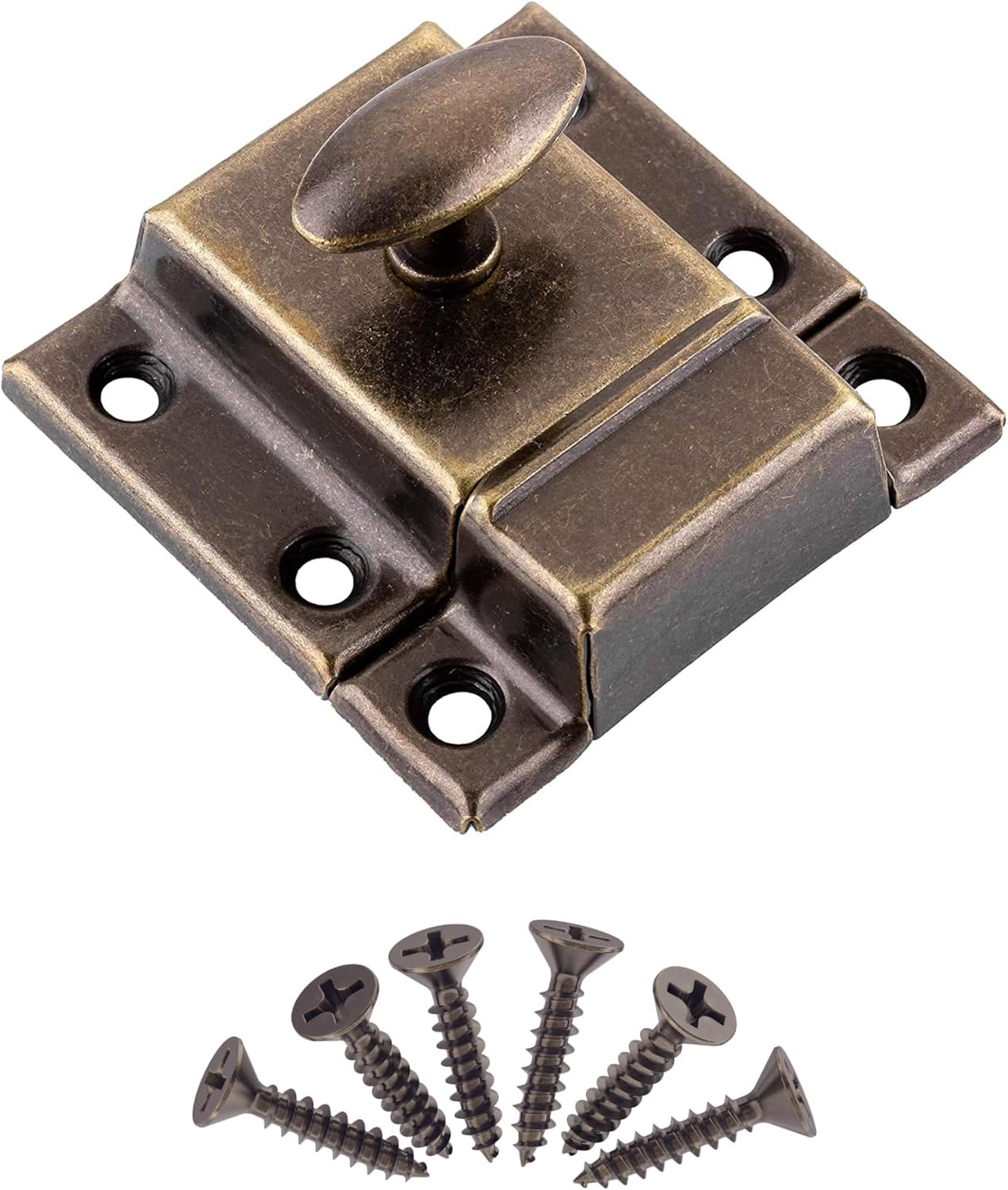 Small Stamped Antique Brass Cabinet Door Latch – 1 7/8″ × 1 7/8″ – Spring Loaded