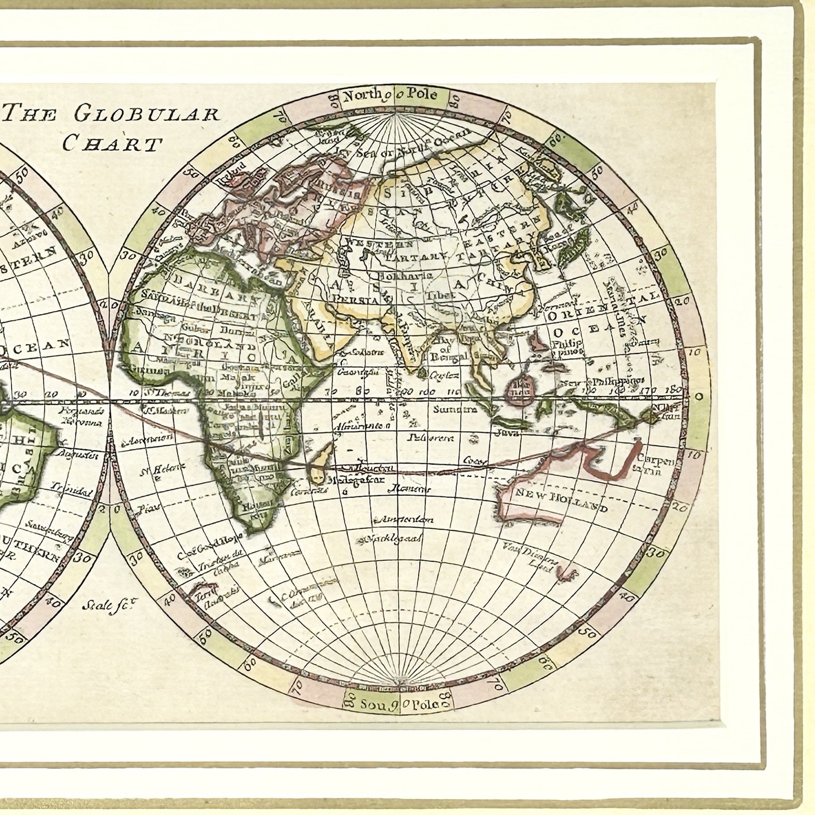 John Hinton Globular Chart Double Hemisphere Hand Colored World Map 1745