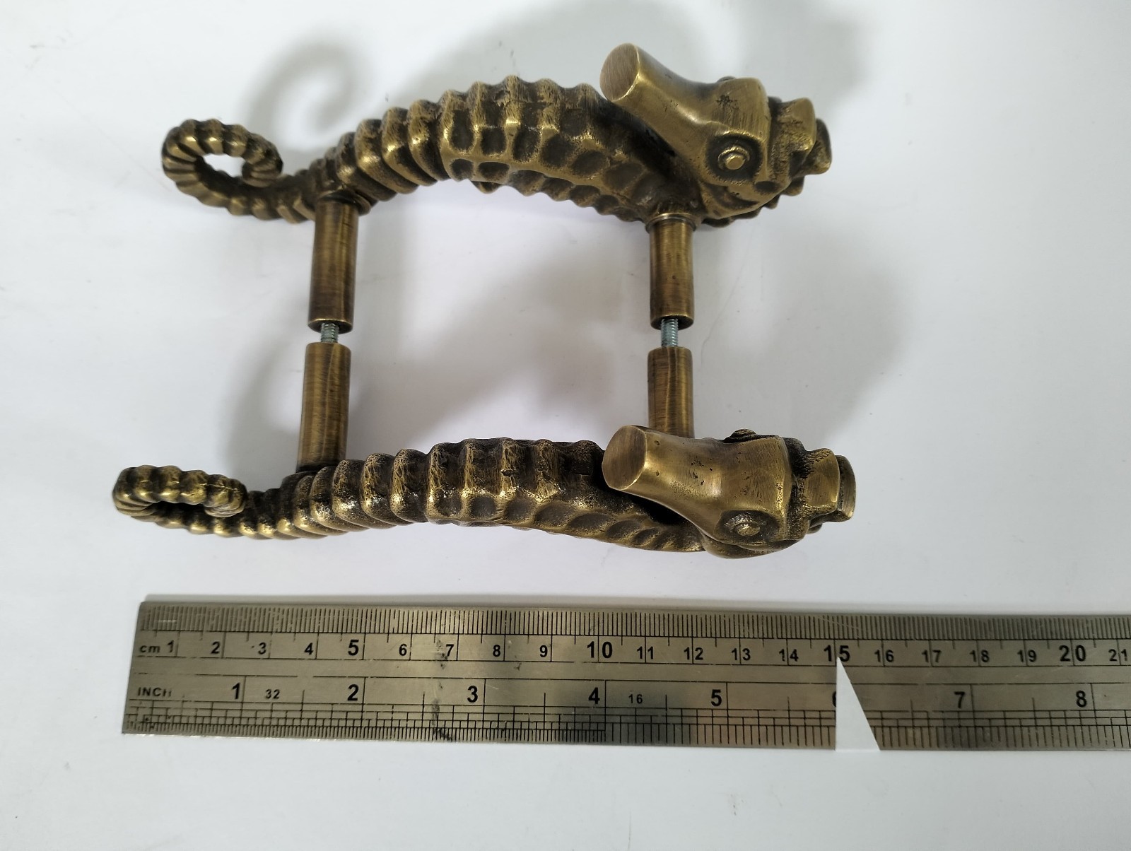Pair Large Seahorse Solid Brass Pull Handles 6″ Back-to-Back Glass Wood Door