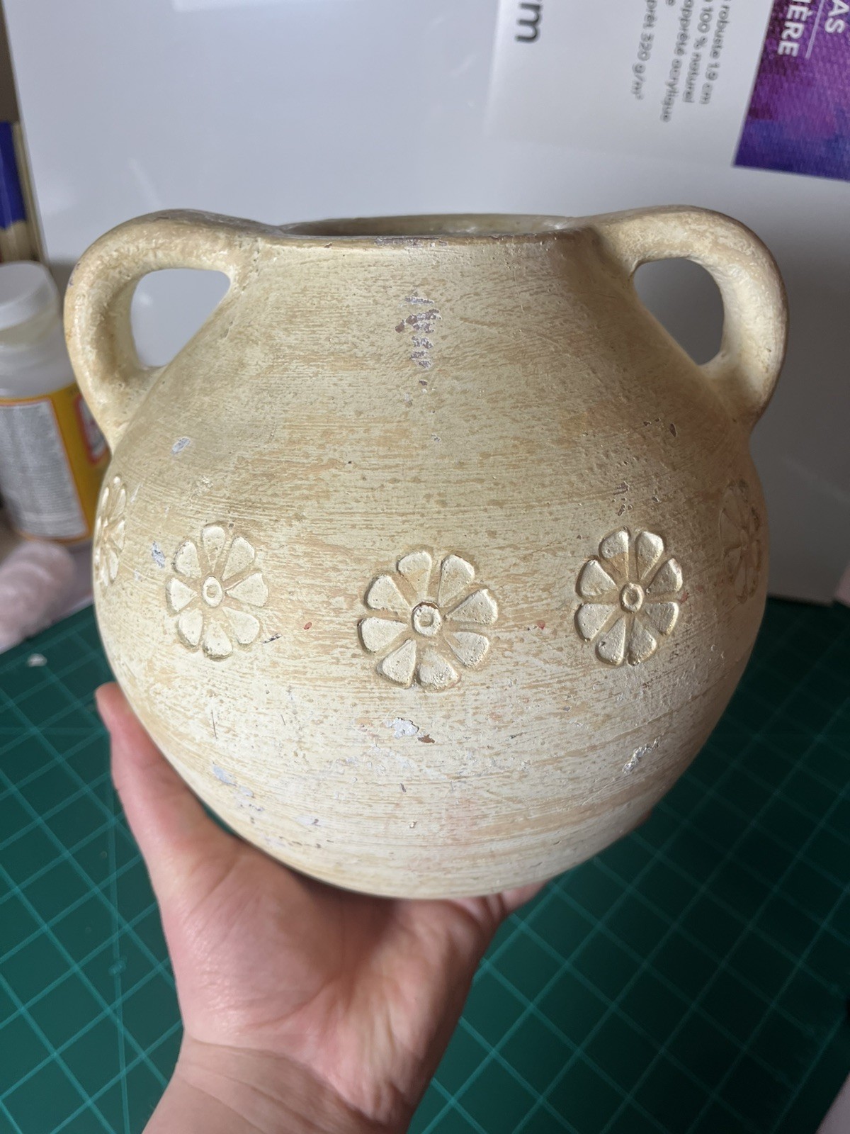 Two Handled Round Bottom Pottery Pot Vase Crock Clay Jug Embossed Flowers