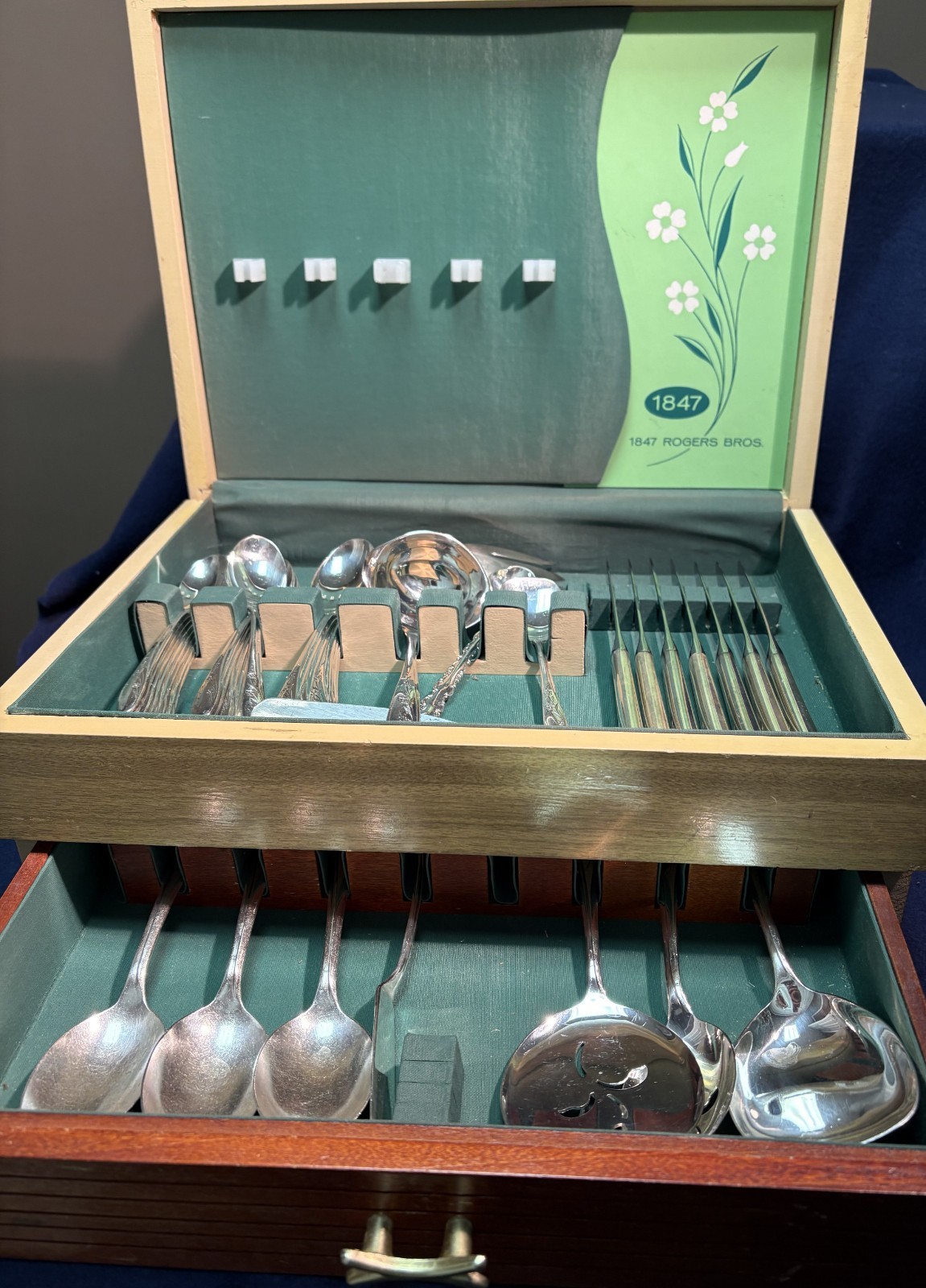 Vintage 1847 Rogers Bros Springtime Silverware w/original chest.