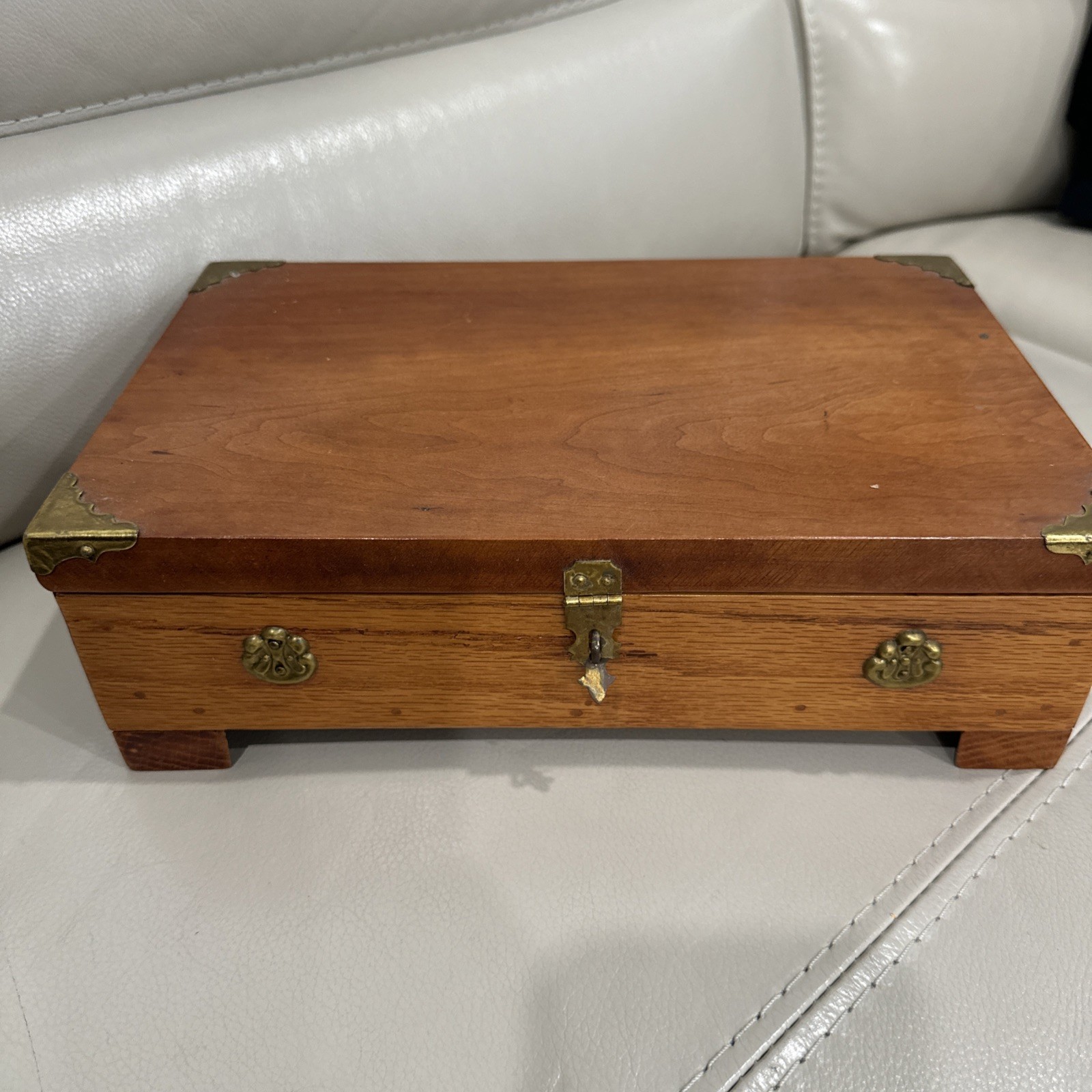 Solid Wood Box Brass Lock Corners Keepsake Trinket Jewelry Hinged Lid 12×7.5”
