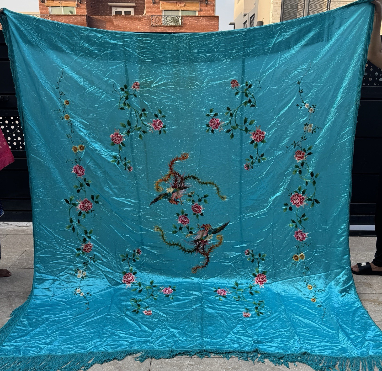 Antique Chinese Qing Dynasty Silk Hand Embroidery Panel Bad Sheet 220 X 225 Cm
