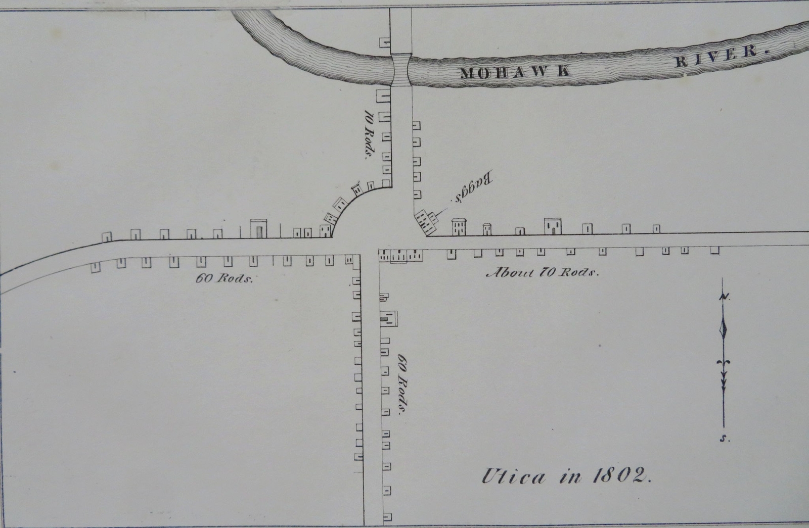 Utica New York in 1802 Mohawk River c. 1850 Pease historical city plan map