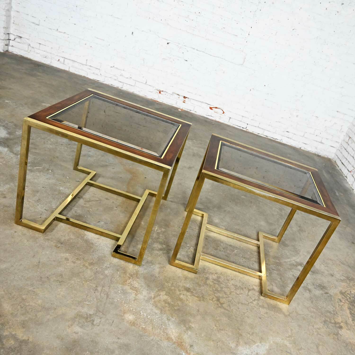 2 Brass Plated Wood & Glass End Tables by Thomasville Furn Style Milo Baughman