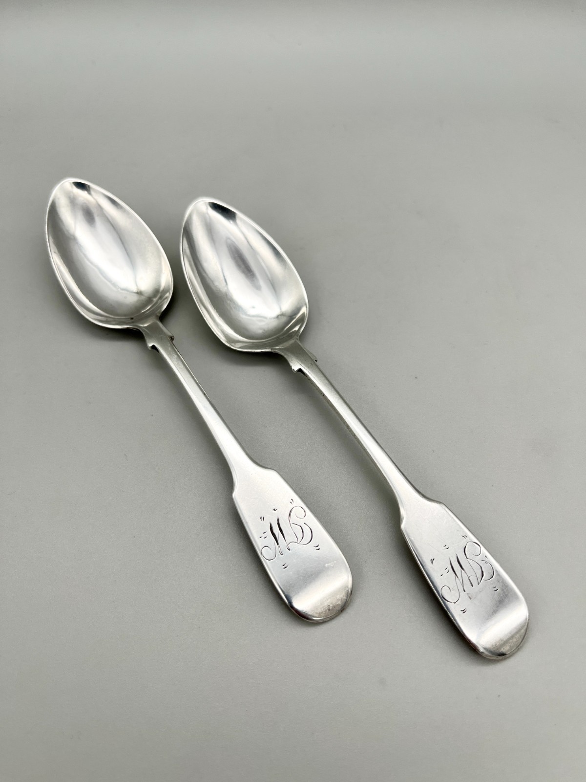 PAIR OF VICTORIAN STERLING SILVER LARGE TEASPOONS, JOHN OSMENT, EXETER, 1853