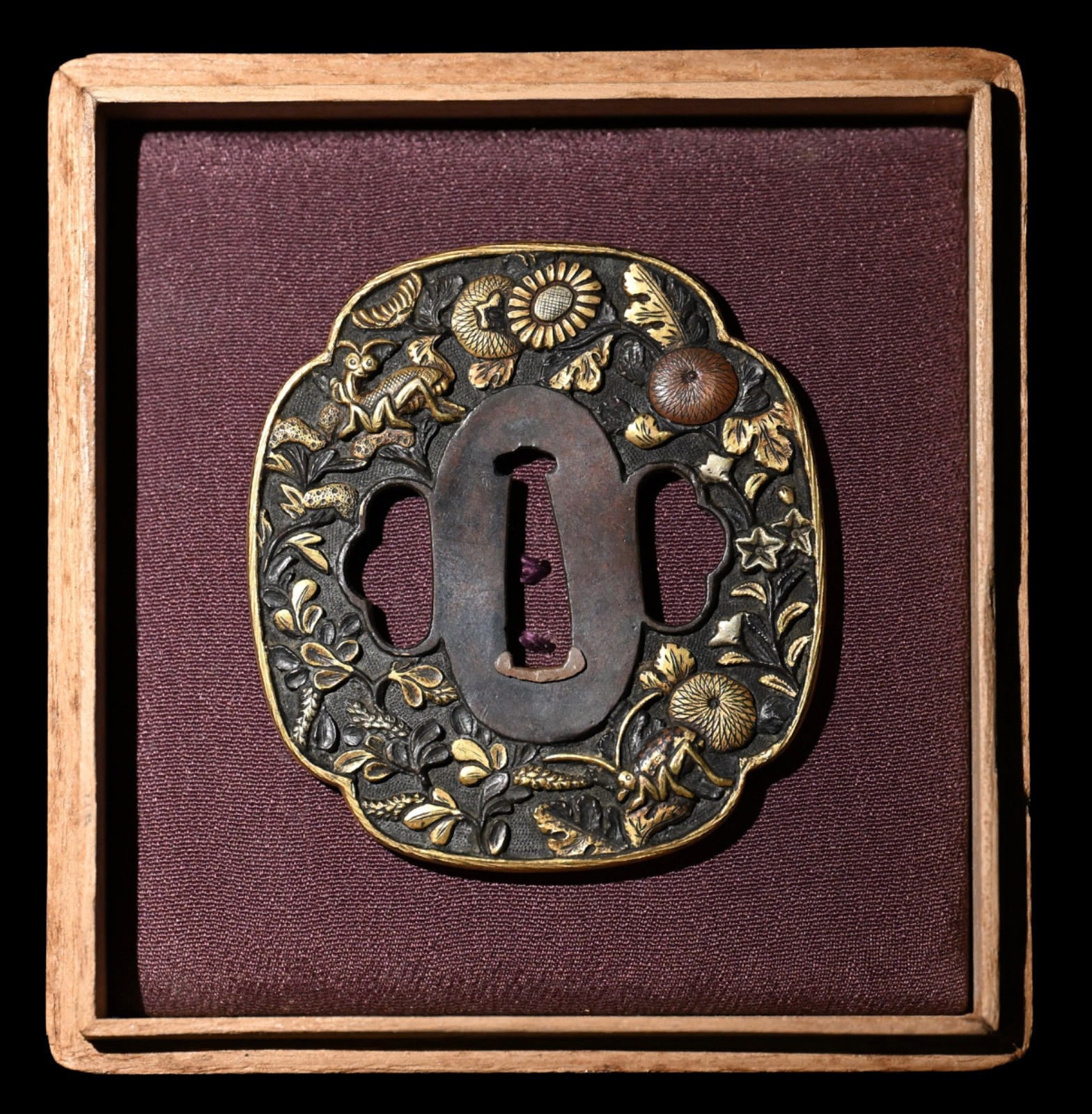 Tsuba Japanese antique Shakudo autumn grasses and insects design Edo period
