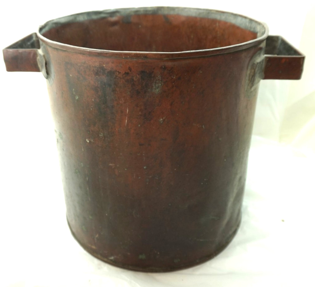 ANTIQUE COPPER POT PRIMITIVE 2 SQUARE HANDLES STRAIGHT SIDED 11in HAND MADE 1870