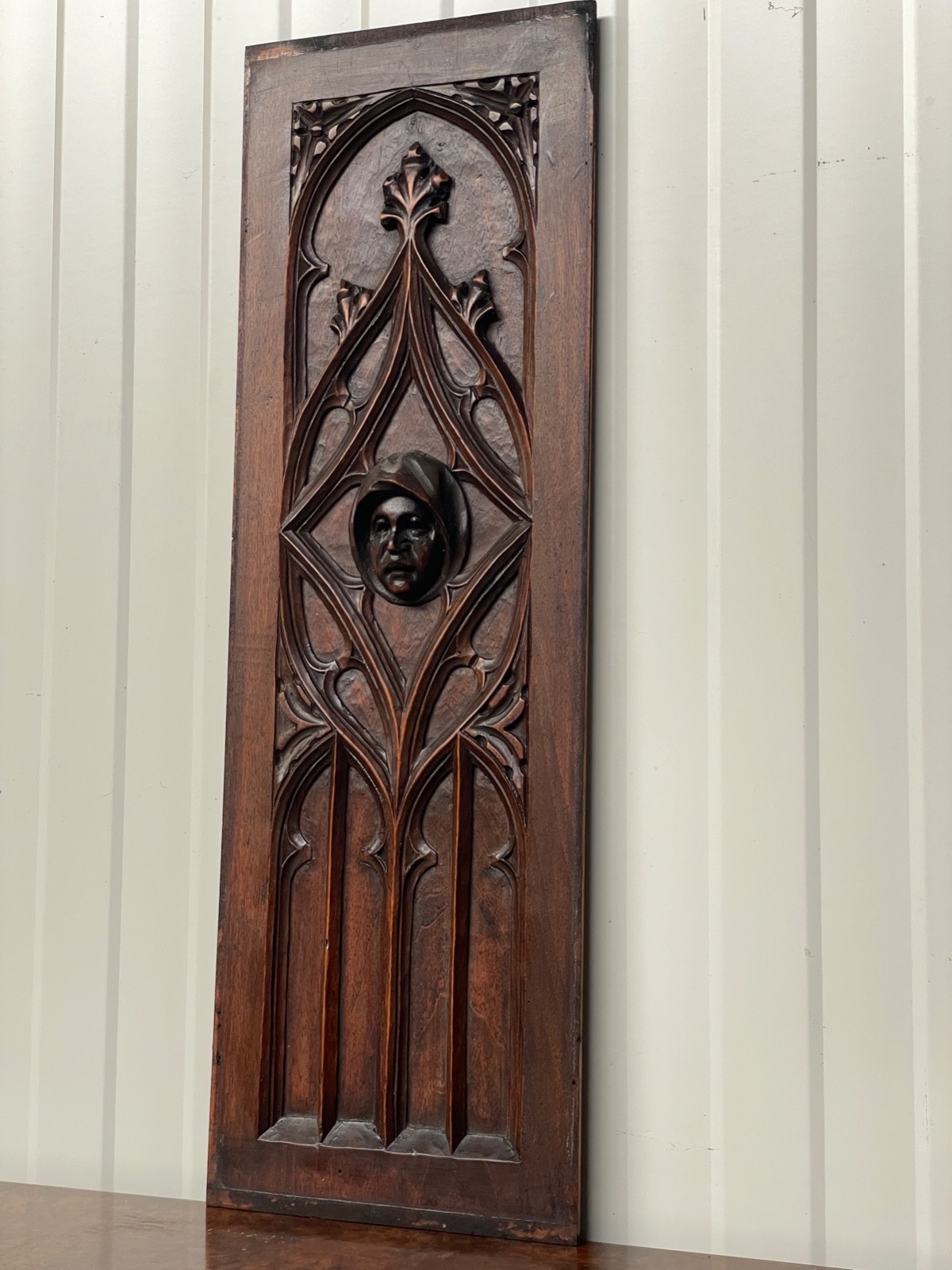Exceptional Walnut Gothic Revival panel with face 25.19 inch high