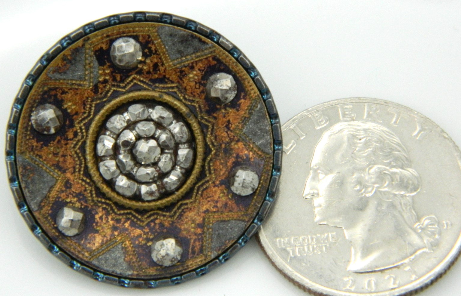 Antique Victorian Button Brass & Cut Steel trims Blue Tints 1-1/8″