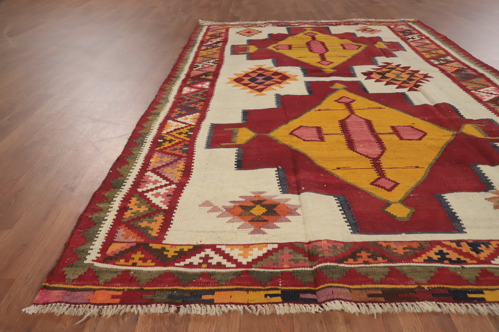 Ivory/ Red Vegetable Dye Kilim Flat-weave Area Rug Wool Reversible Carpet 5×8