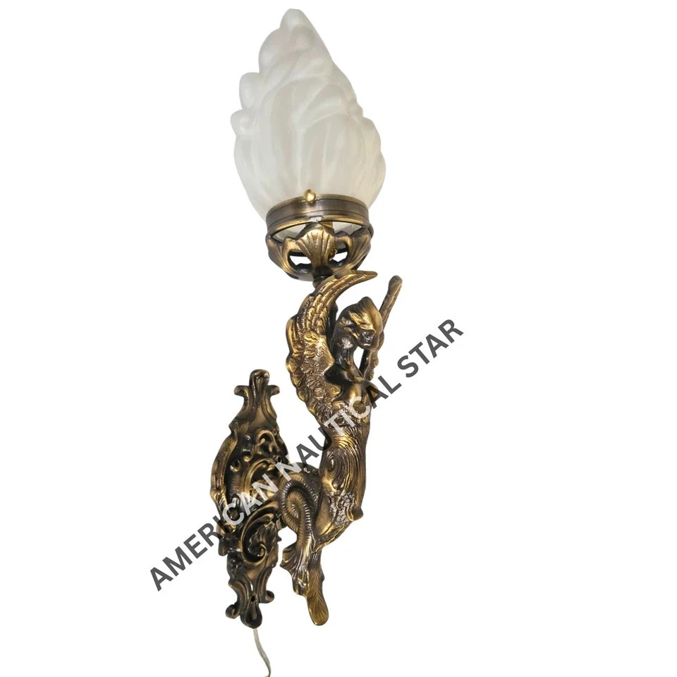 Antique Vintage Art Deco Brass Fire Glass Wall Sconces – Nouveau Lamp Fixture