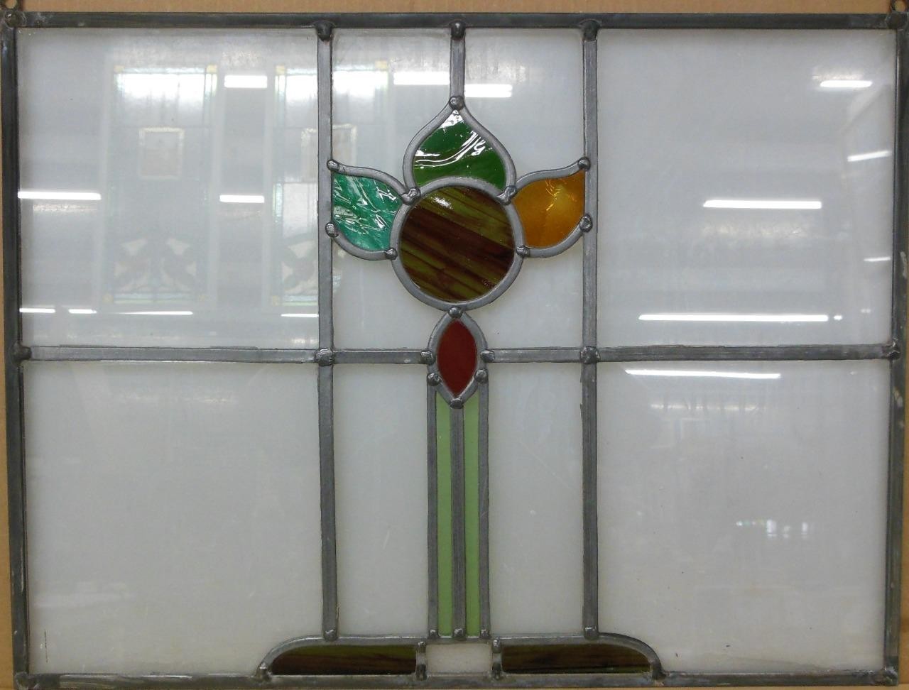 ABSTRACT OLD ENGLISH LEADED STAINED GLASS WINDOW Unframed w Hooks 22.75″ X 17.25