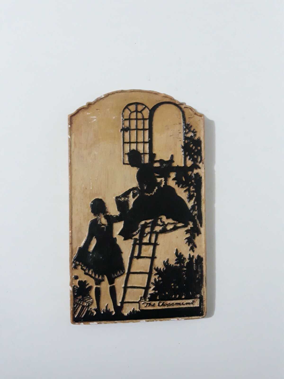 Vintage Painted Silhouette Plaster Of Paris Tile “The Elopemen” 1930′ 8.5″ x 5″