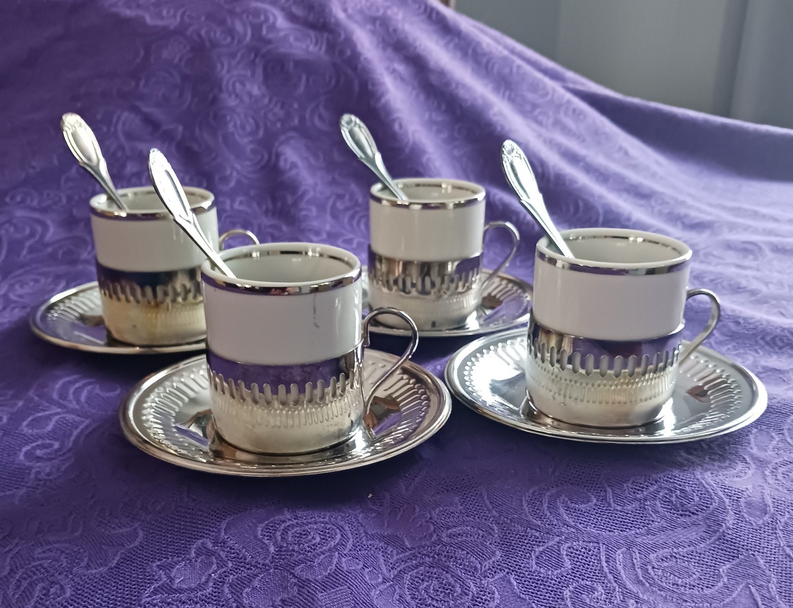 Porcelain Demitasse Espresso Cups with silver-plated holder, spoon & saucer