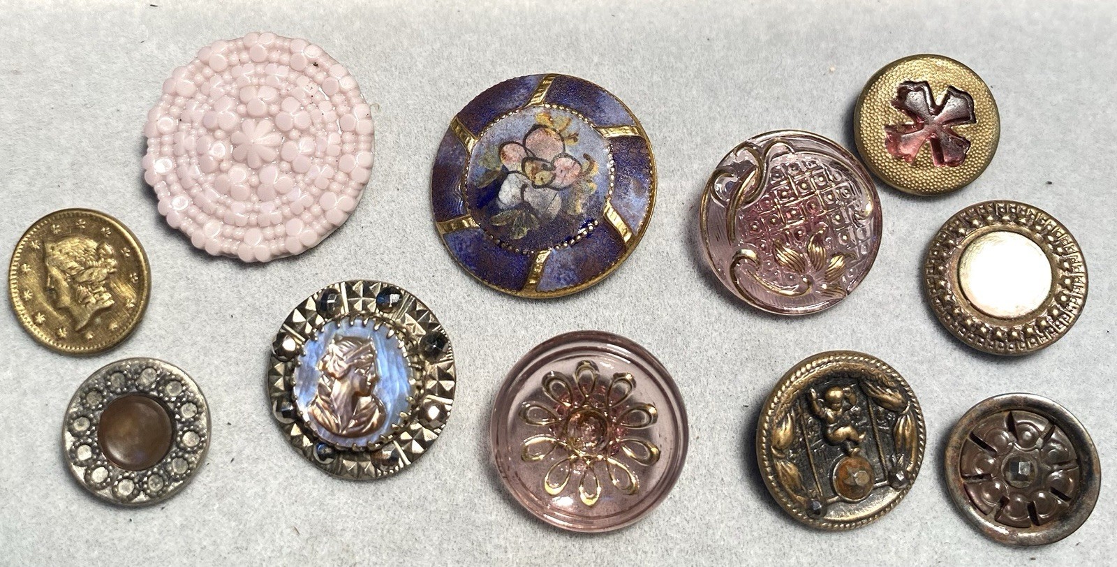 Antique Button Group 11 Enamel, Glass In Metal ,Metal, Glass