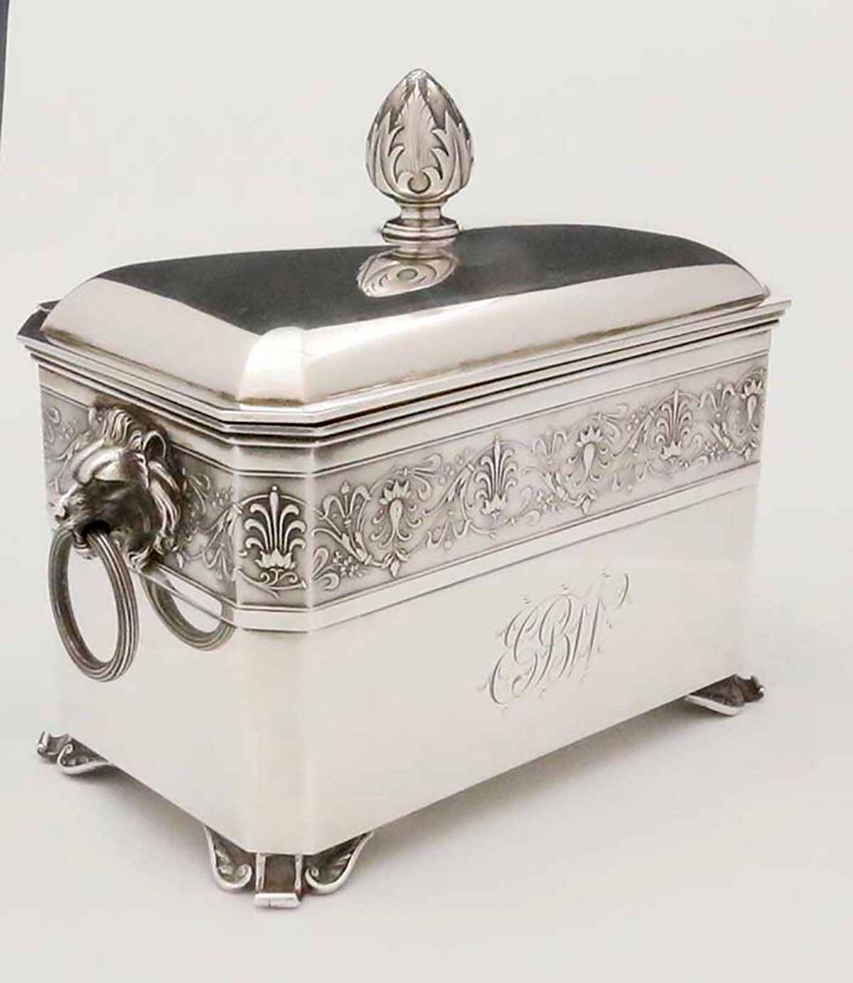 JOHN WENDT Sterling DOUBLE Tea Caddy Lion Handles STARR & MARCUS c1870