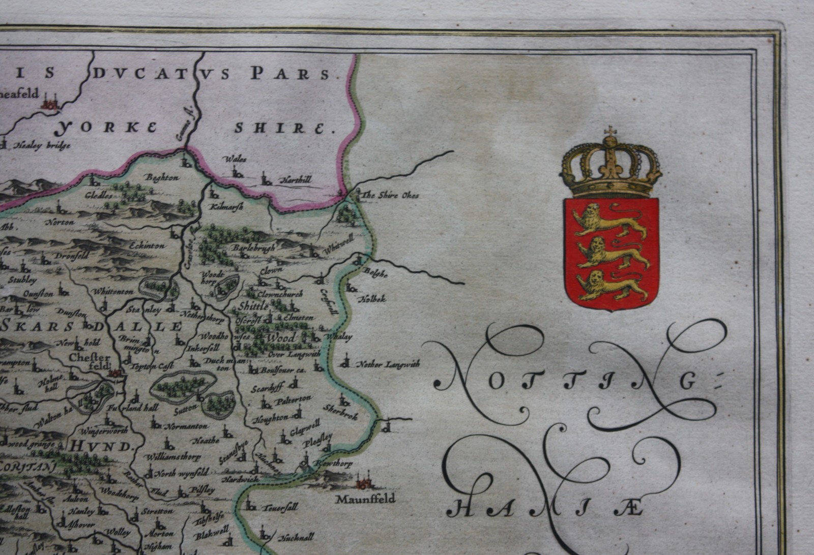 DERBYSHIRE ANTIQUE MAP, ‘DARBIENSIS COMITATUS’ original, J. Blaeu, c.1650