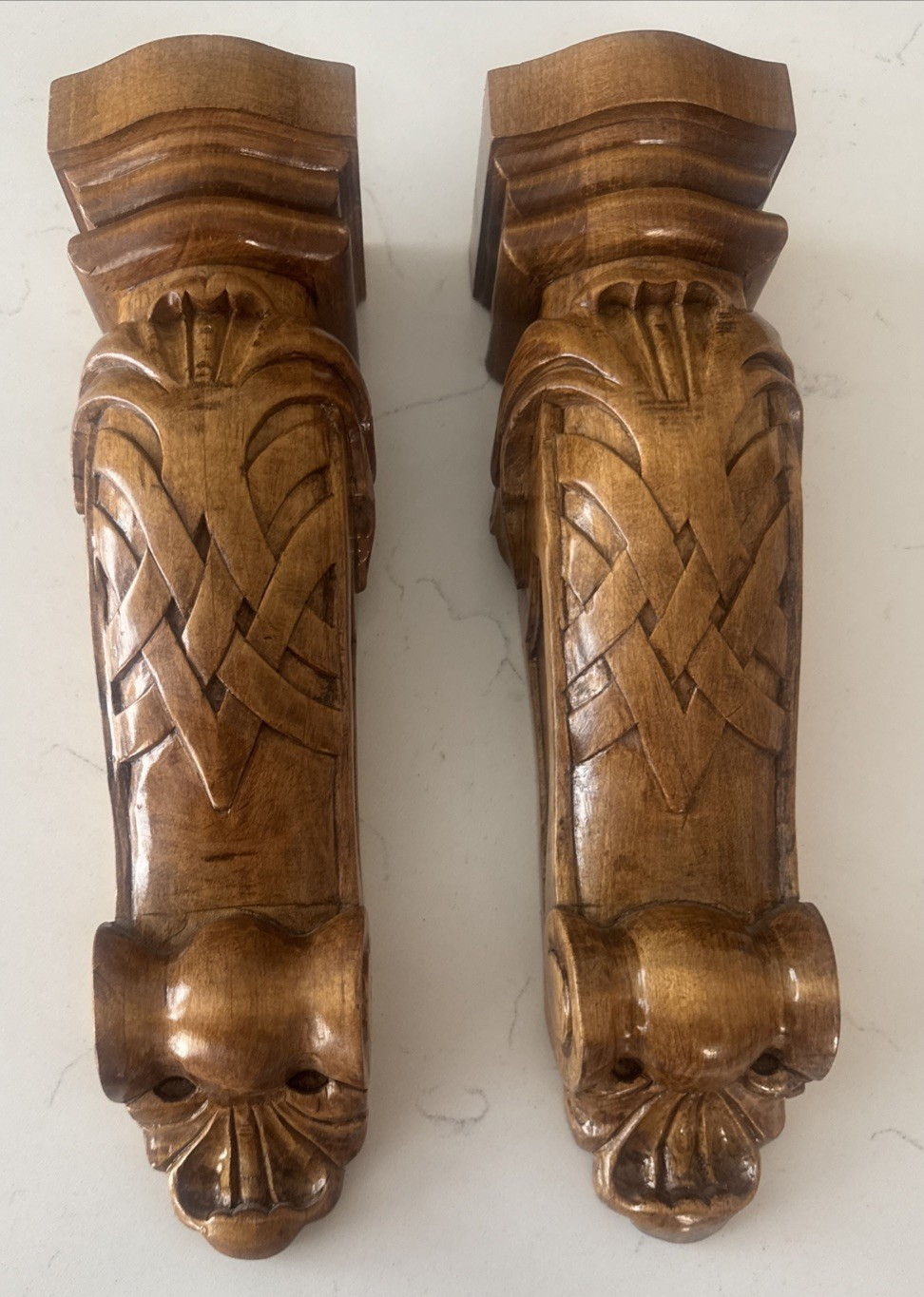 Wooden Carved Corbels Maple Woven Wall Bracket Shelves Heavy Pair EUC