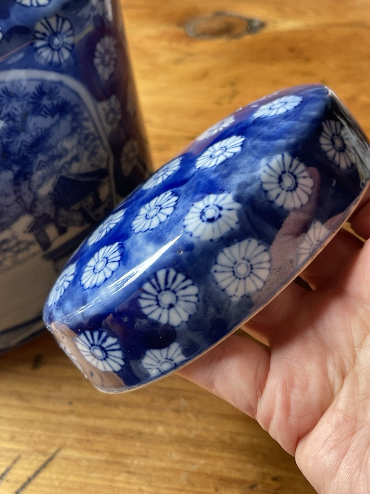 VintageChinese Tea Caddy Pagota Plum Flower Blue and White Figural and Landscape