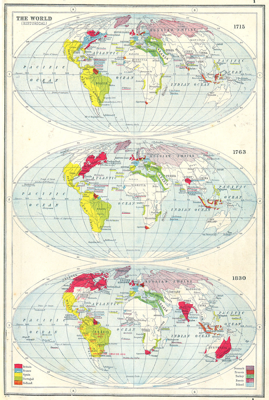 WORLD. Historical – in 1715, 1763 & 1830. 18th & 19th centuries 1920 old map