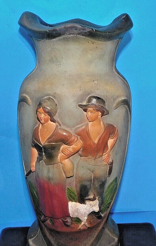 Antique Art-Nouveau 19th c France Marked, MANQUE DEPOSSE Lg Vase, Couple w/Sheep