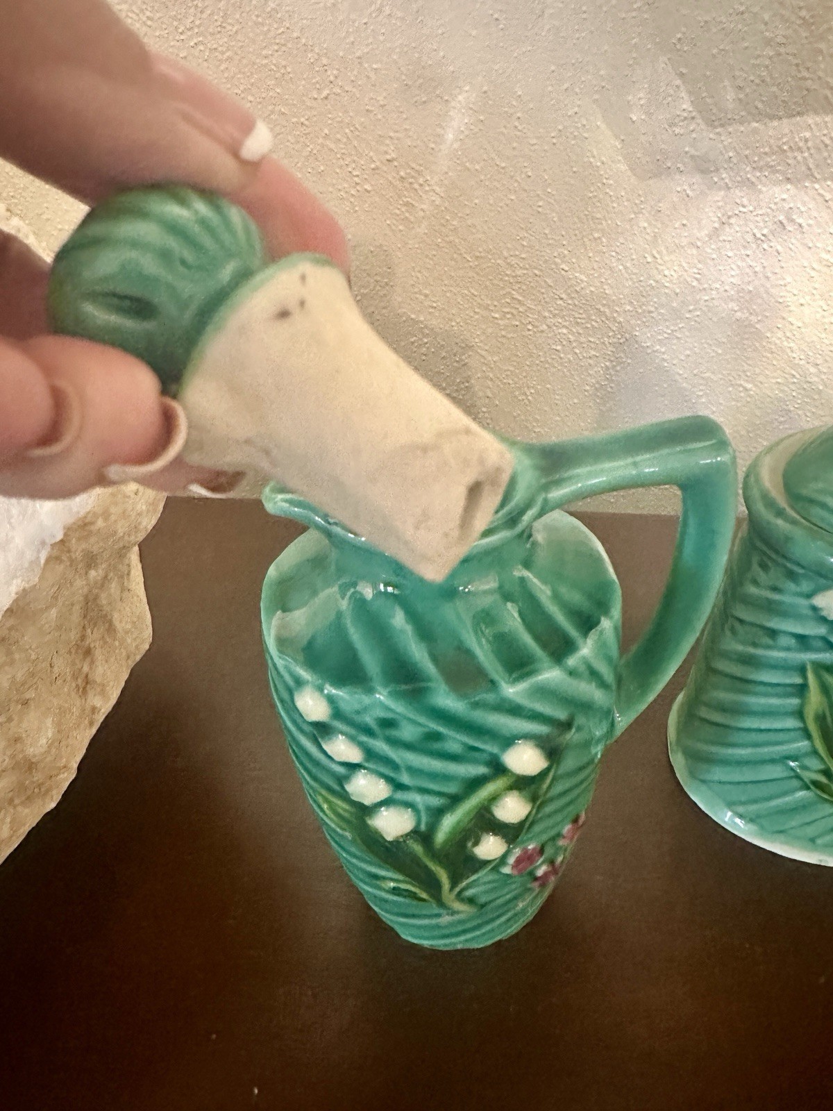 Vintage Green Majolica Pottery Lily of the Valley