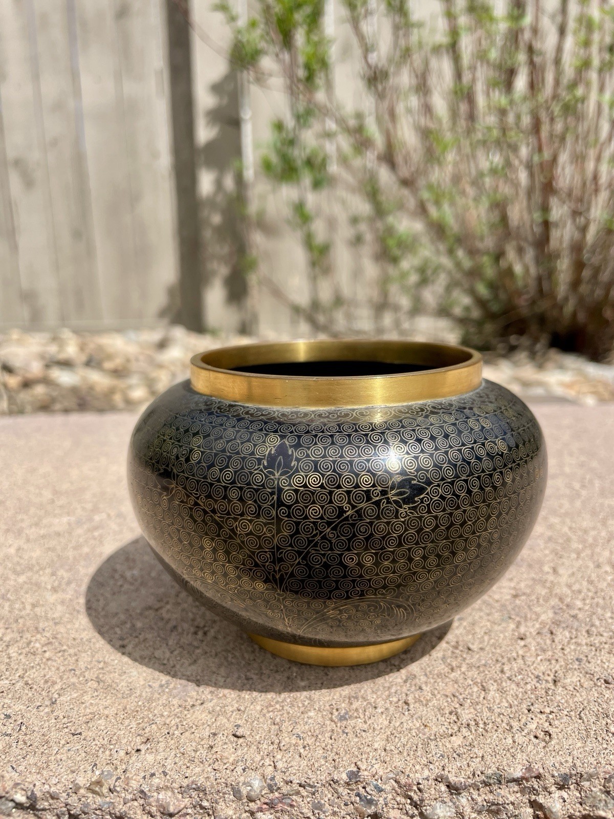 ANTIQUE CLOISSONE VASE WASHER JAR ENAMEL ON BRASS BLACK WITH GOLD DESIGN