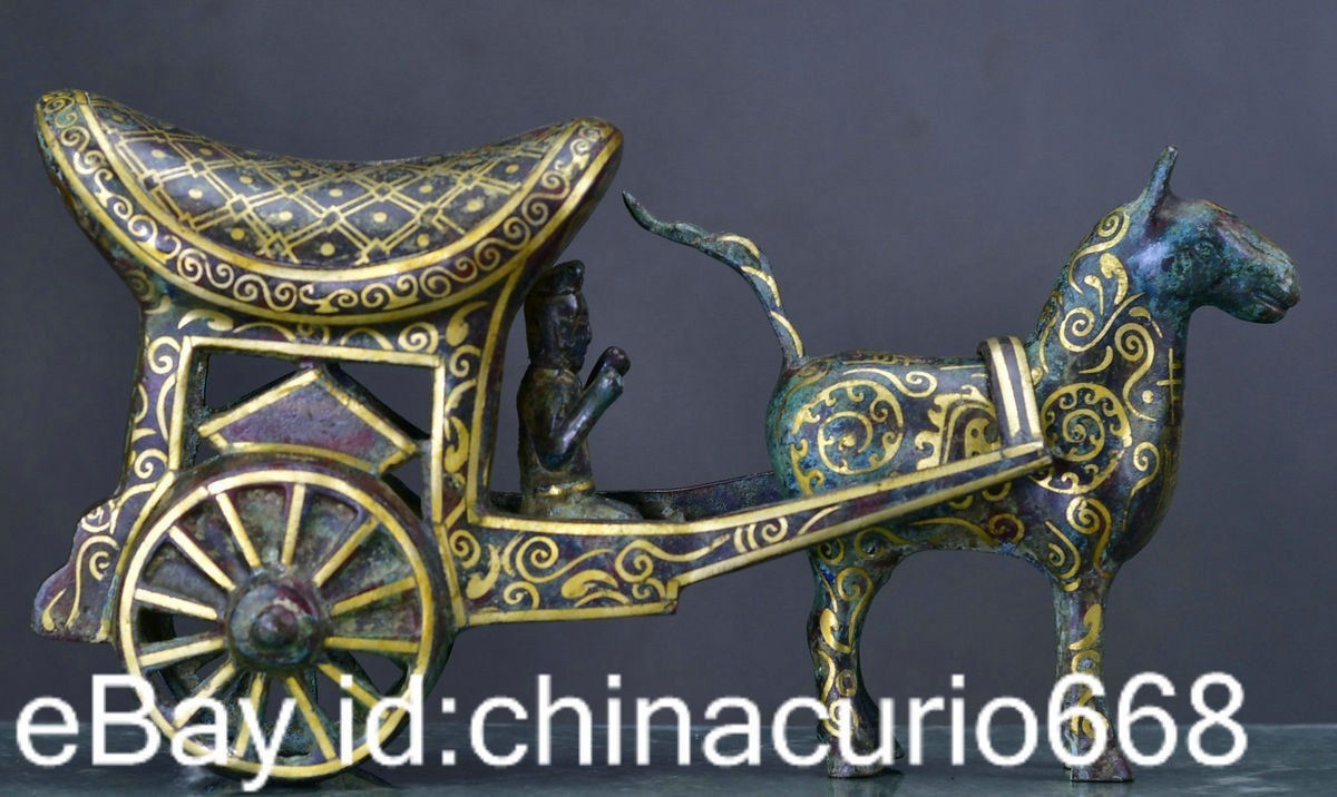 12.8″ Old China Bronze Ware Gilt Dynasty Horse-drawn Carriage sedan chair Statue