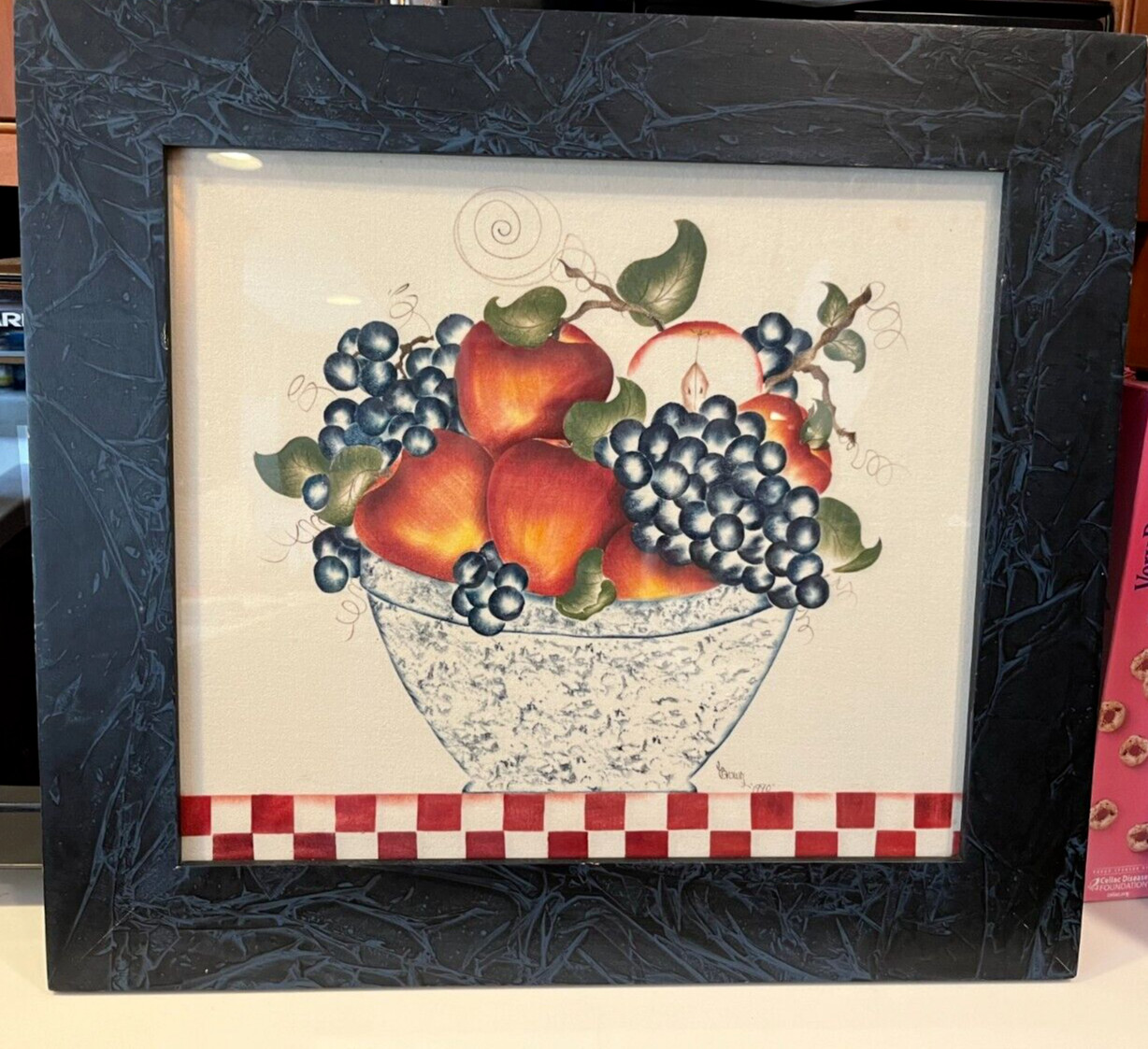 FRAMED FOLK ARTIST SIGNED FRUIT THEOREM PAINTING VELVET LINDA L.BROWN 15″ X 13″