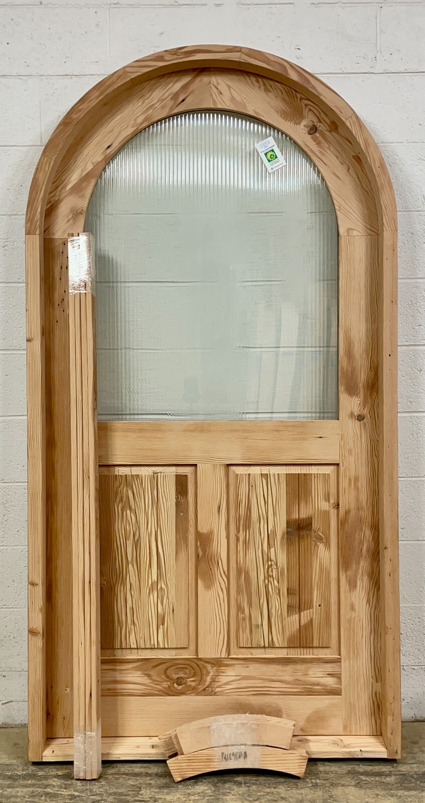 Rustic Spanish reclaimed lumber arched top reed GLASS top door 2 sets trim
