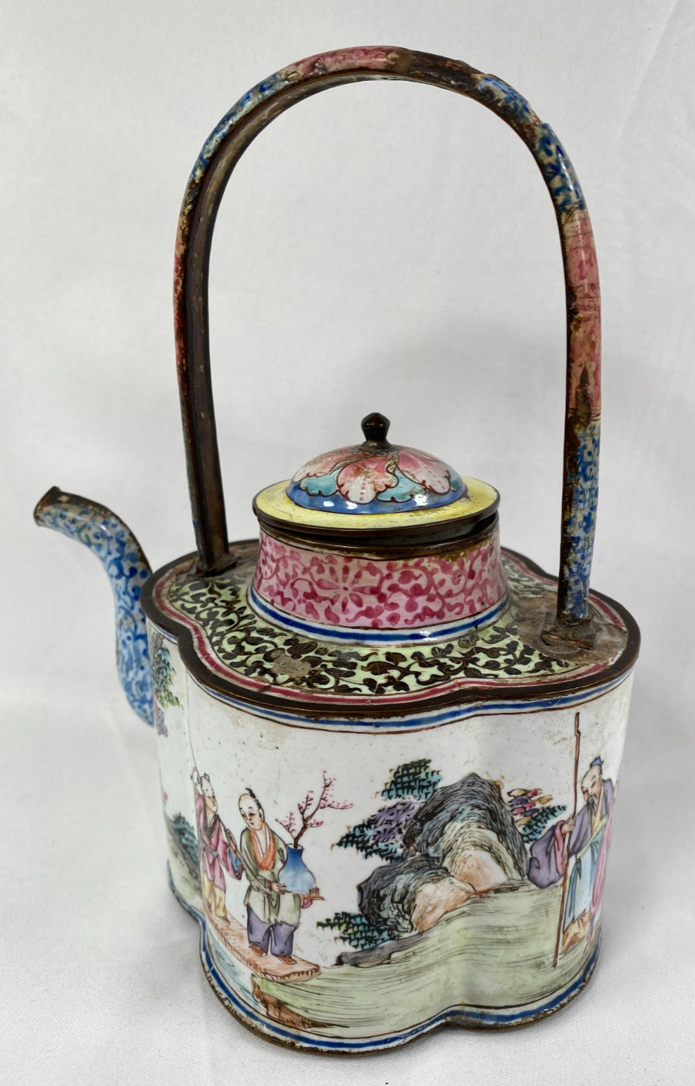 Chinese Antique Brass Enamel Figural Kettle Teapot Qing Qianlong 18th C.