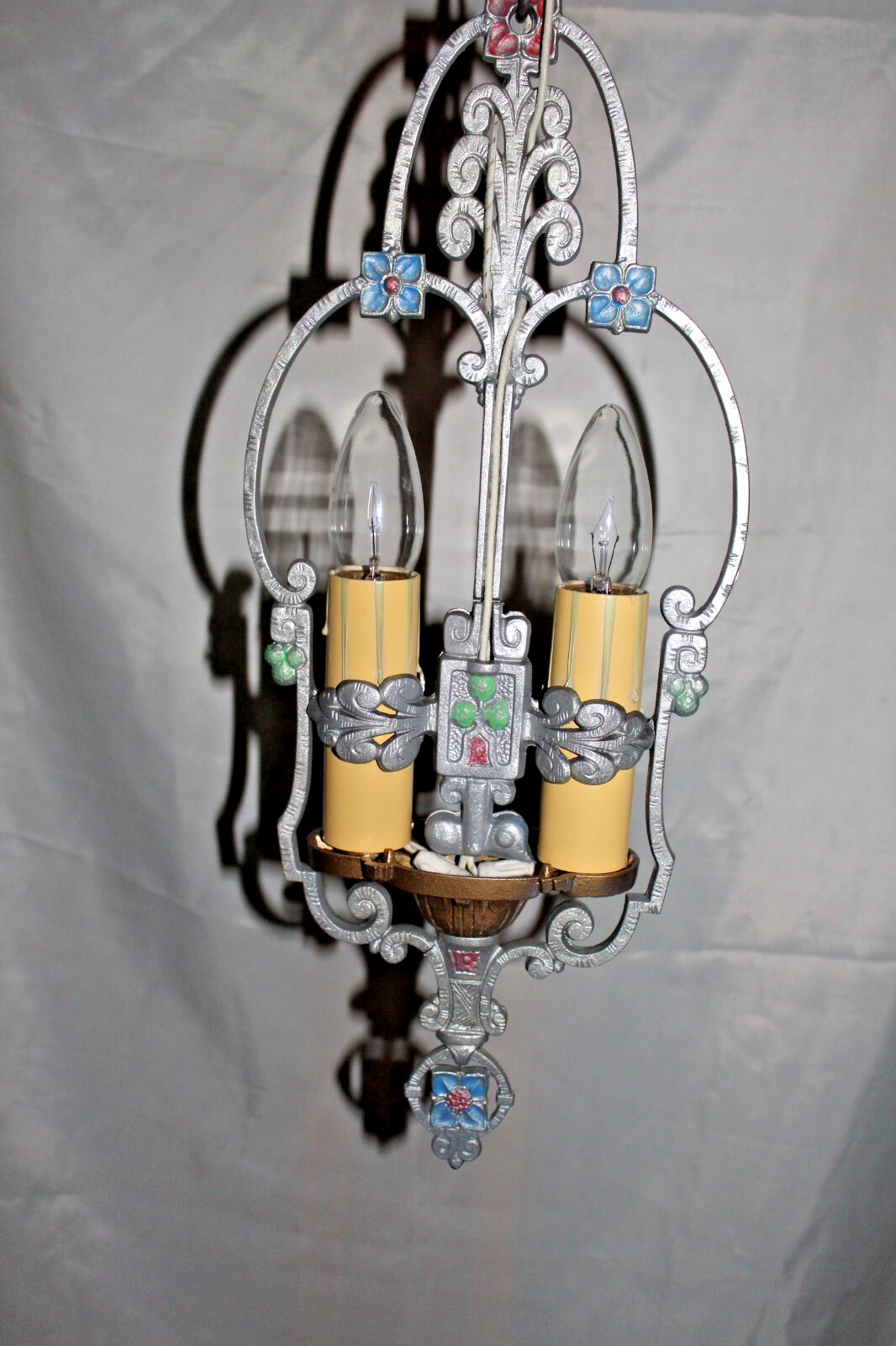 1920s Unique 2 Bulb Brushed Nickel Candle Riddle Co. Pendant Fixture Restored