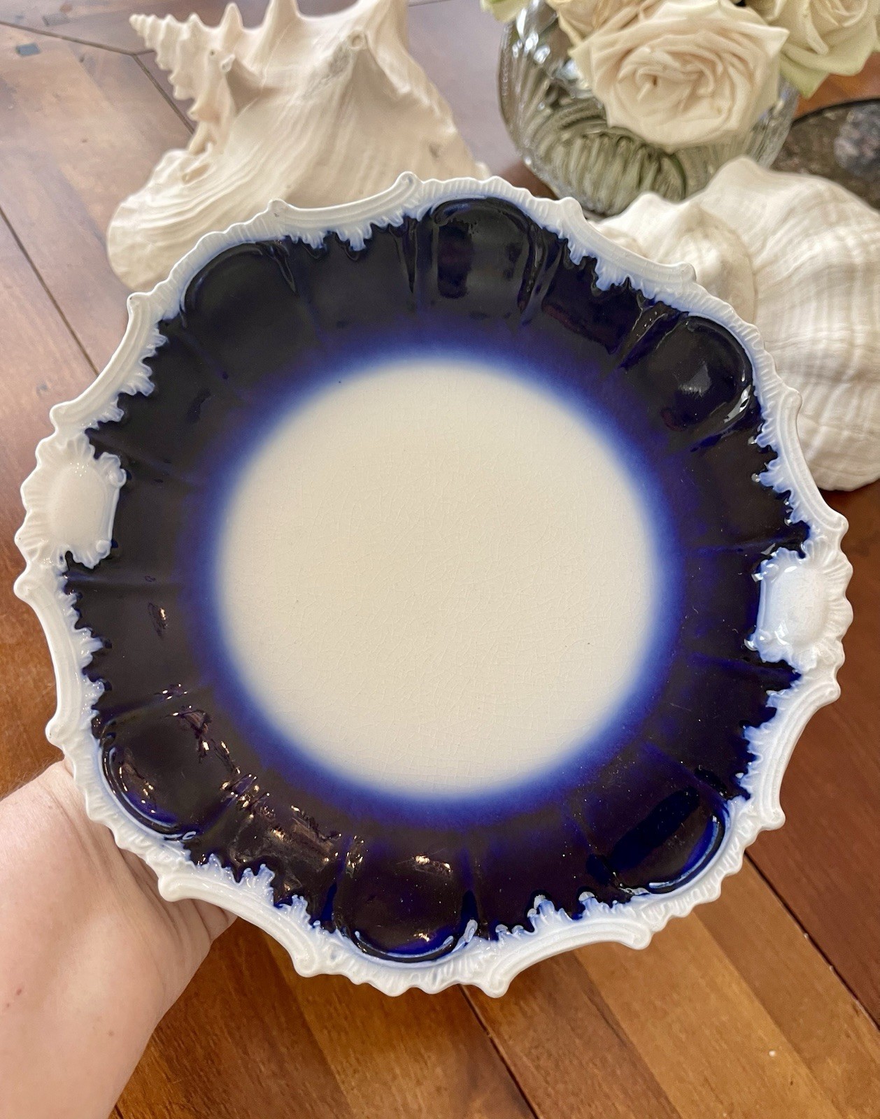 Antique Blue Flow 8.5” Plates- Set Of Six. White Scalloped Edges In RARE Design