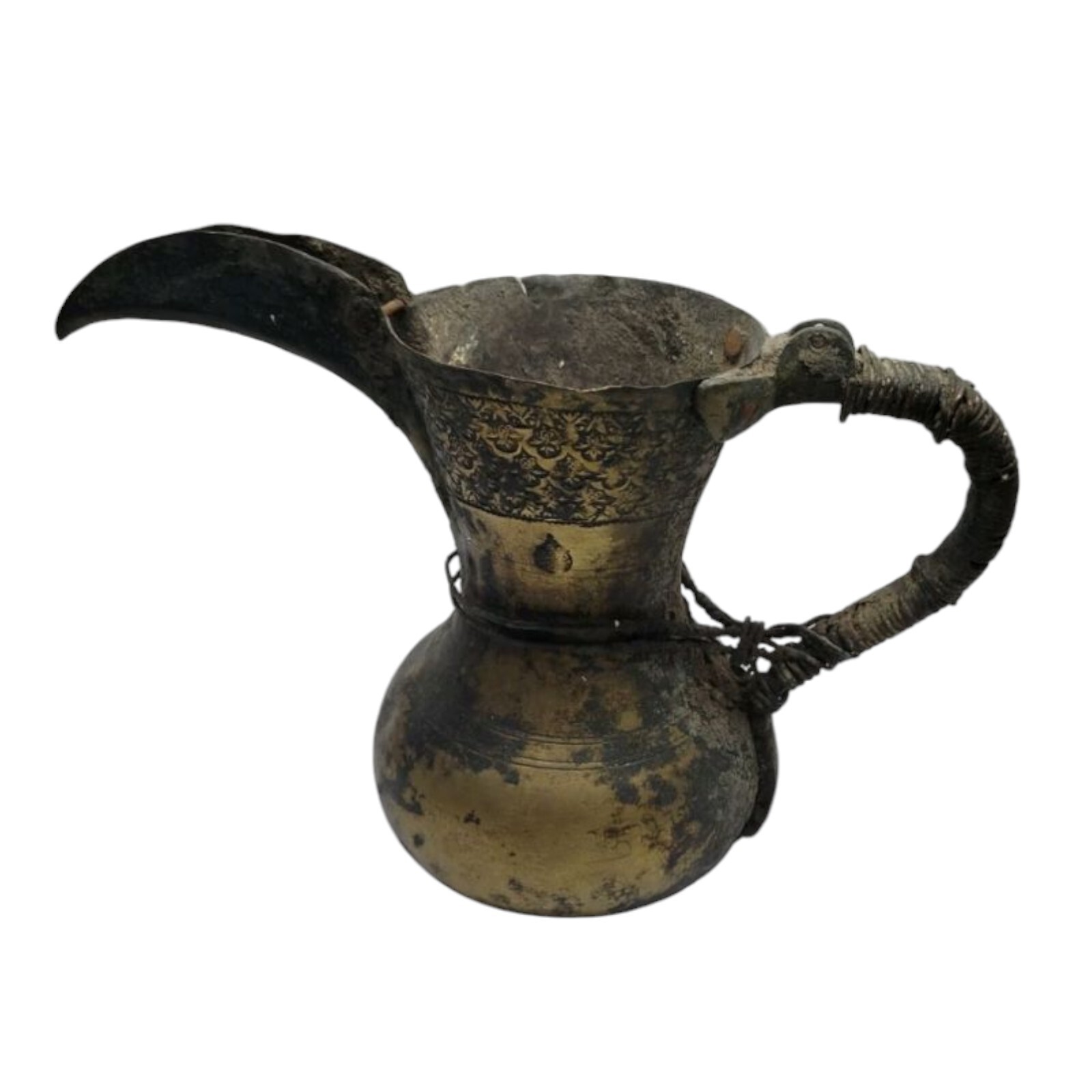 Antique Middle Eastern Brass Ewer With Gold Inlay, Ornate Islamic Pitcher, 7.5”
