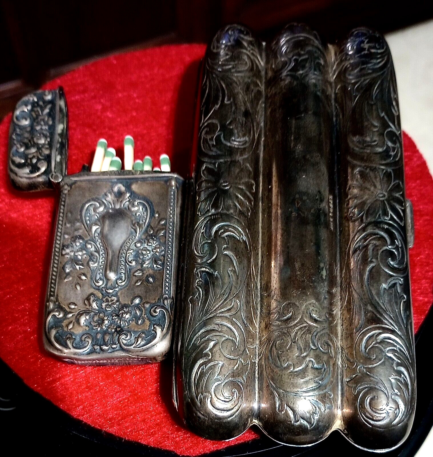Vintage Sterling Silver Cigar Case & Vesta Match Safe with Bottom Striker 96.3g