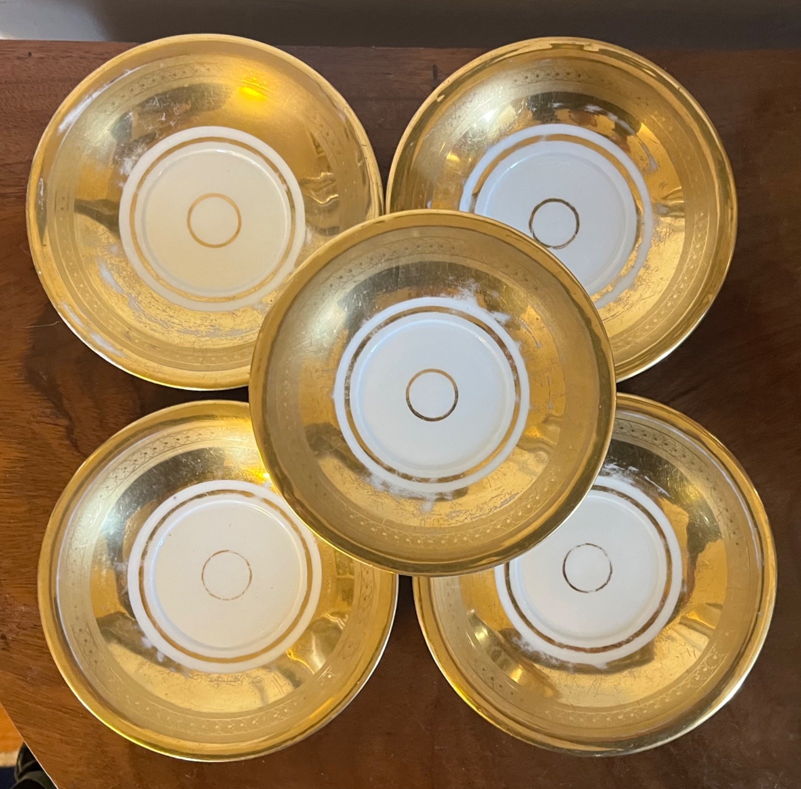 Set 5 Antique 19th c. Empire Paris Porcelain Gold & White Saucer Dishes Plates