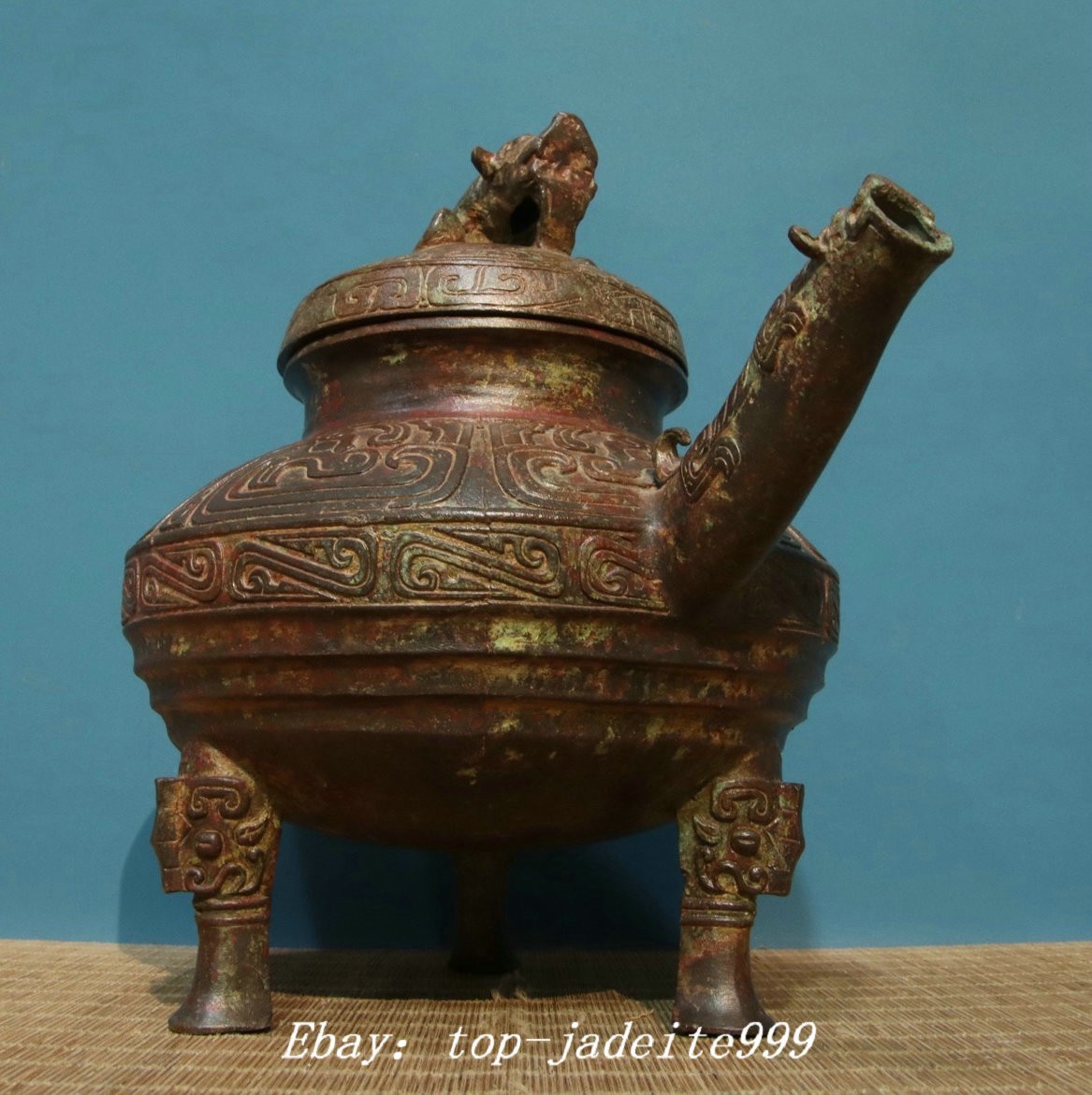 12.6″ Old Dynasty Bronze Dragon Loong Beast Inscription Wine Tea Pot Flagon